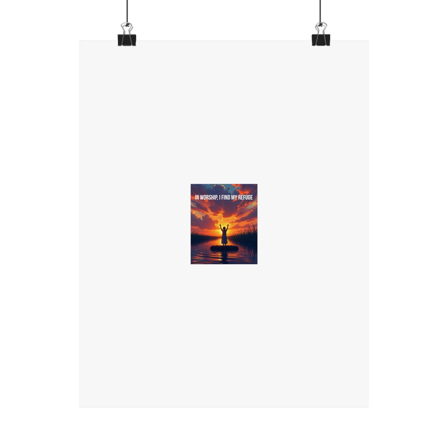 Inspirational Satin Poster — "In Worship I Find My Refuge" Sunset Silhouette