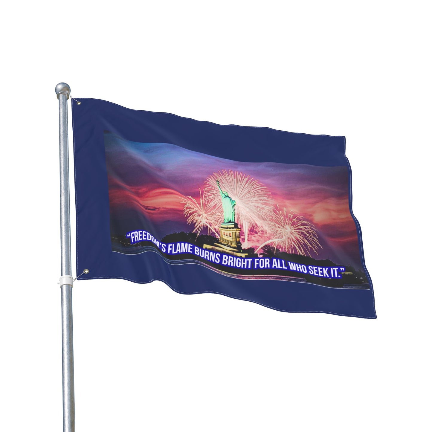 Double-Sided Flag - Statue of Liberty Fireworks Design with Quote "Freedom's Flame Burns Bright For All Who Seek It" — Patriotic [...]