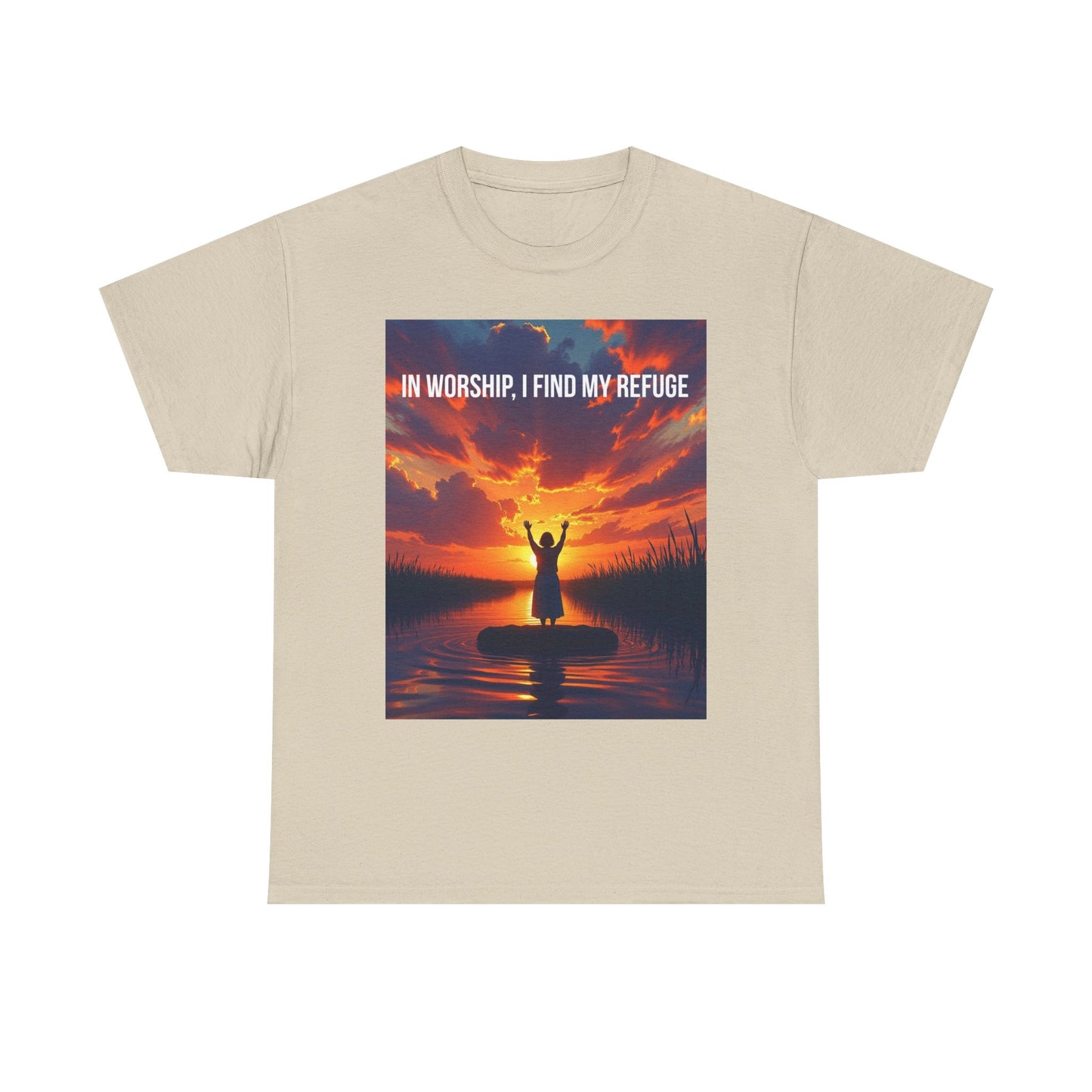 Worship Refuge T-Shirt — "In Worship, I Find My Refuge" Sunset Silhouette Christian Tee