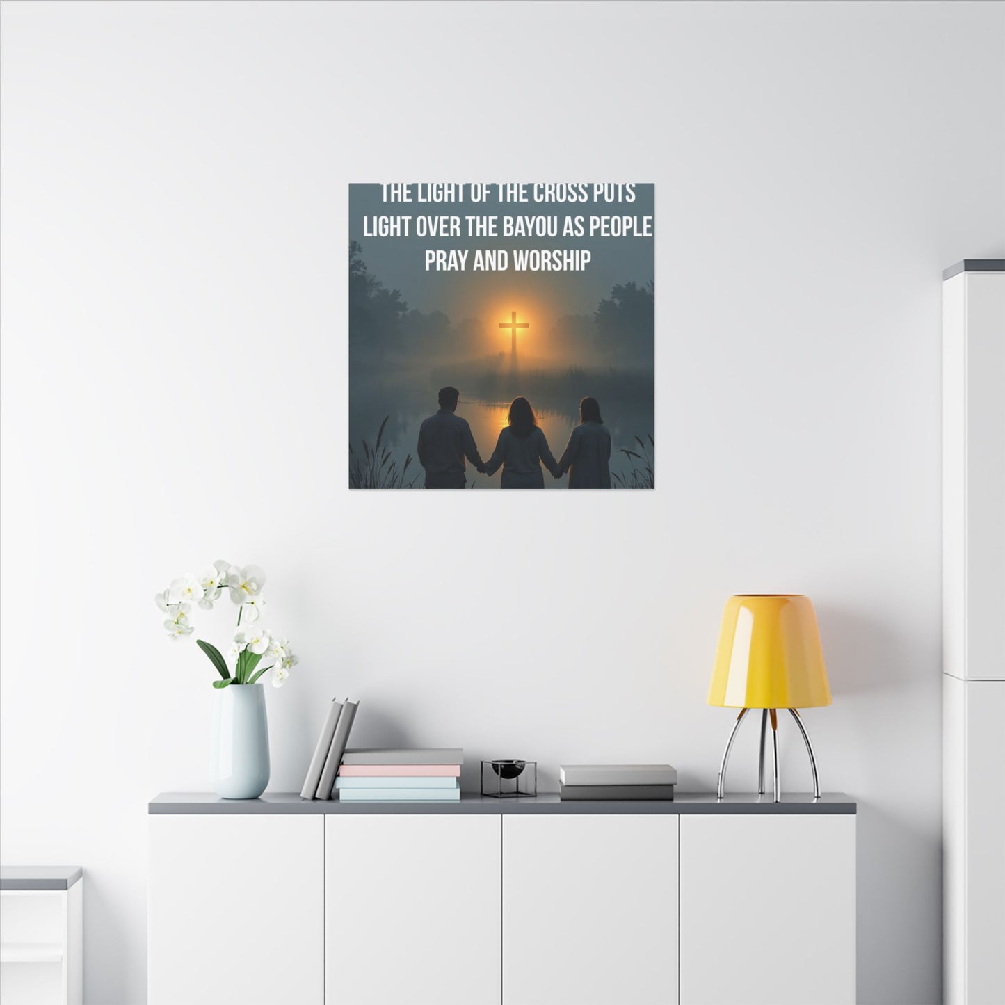 Faith Wall Art Canvas — “The Light of the Cross Puts Light Over the Bayou as People Pray and Worship”