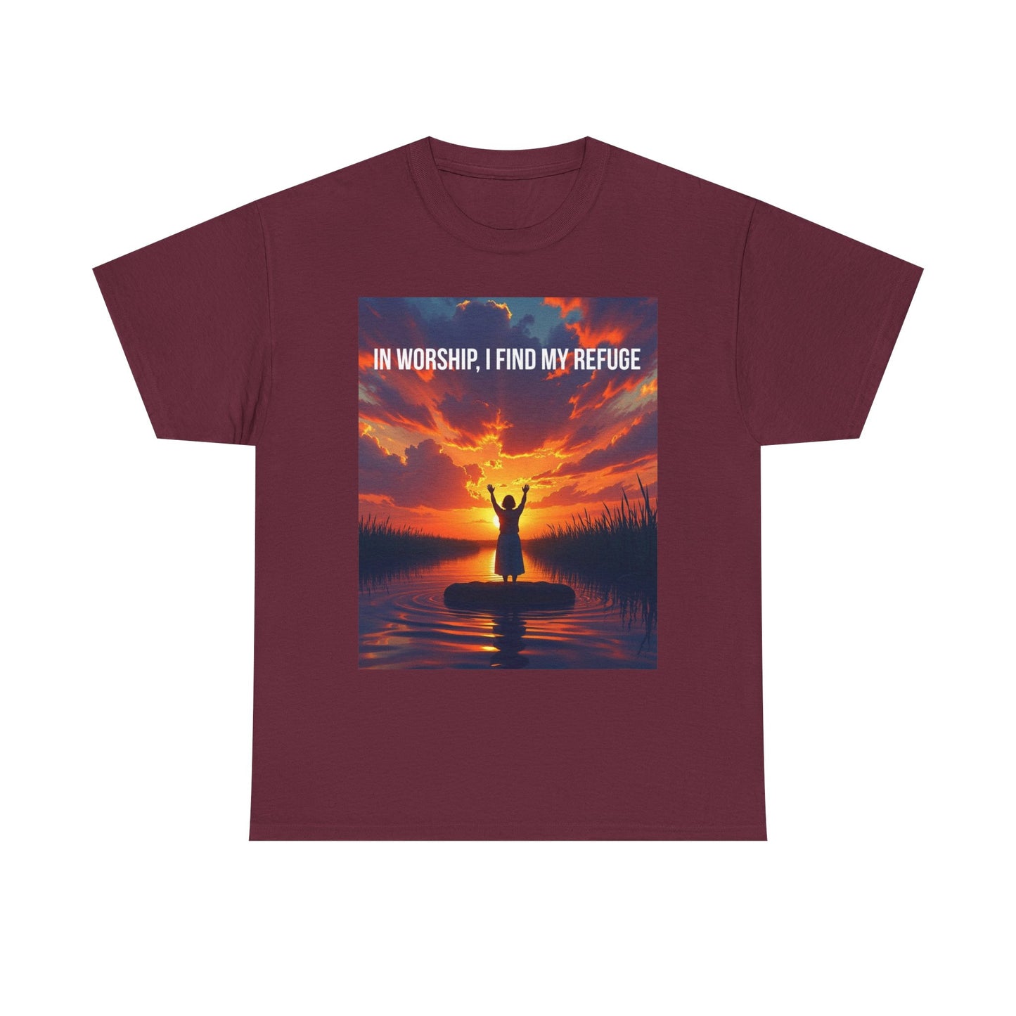 Worship Refuge T-Shirt — "In Worship, I Find My Refuge" Sunset Silhouette Christian Tee