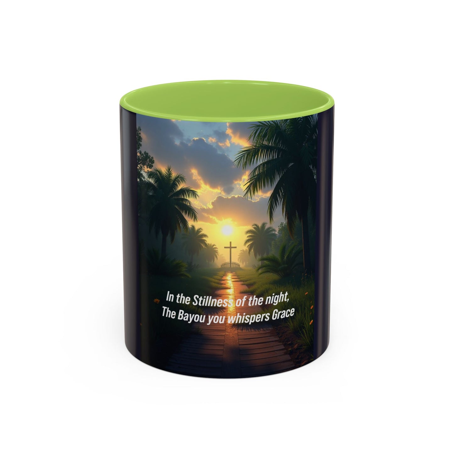 Accent Coffee Mug — Tranquil Bayou Sunset Mug with Cross & Inspirational Quote