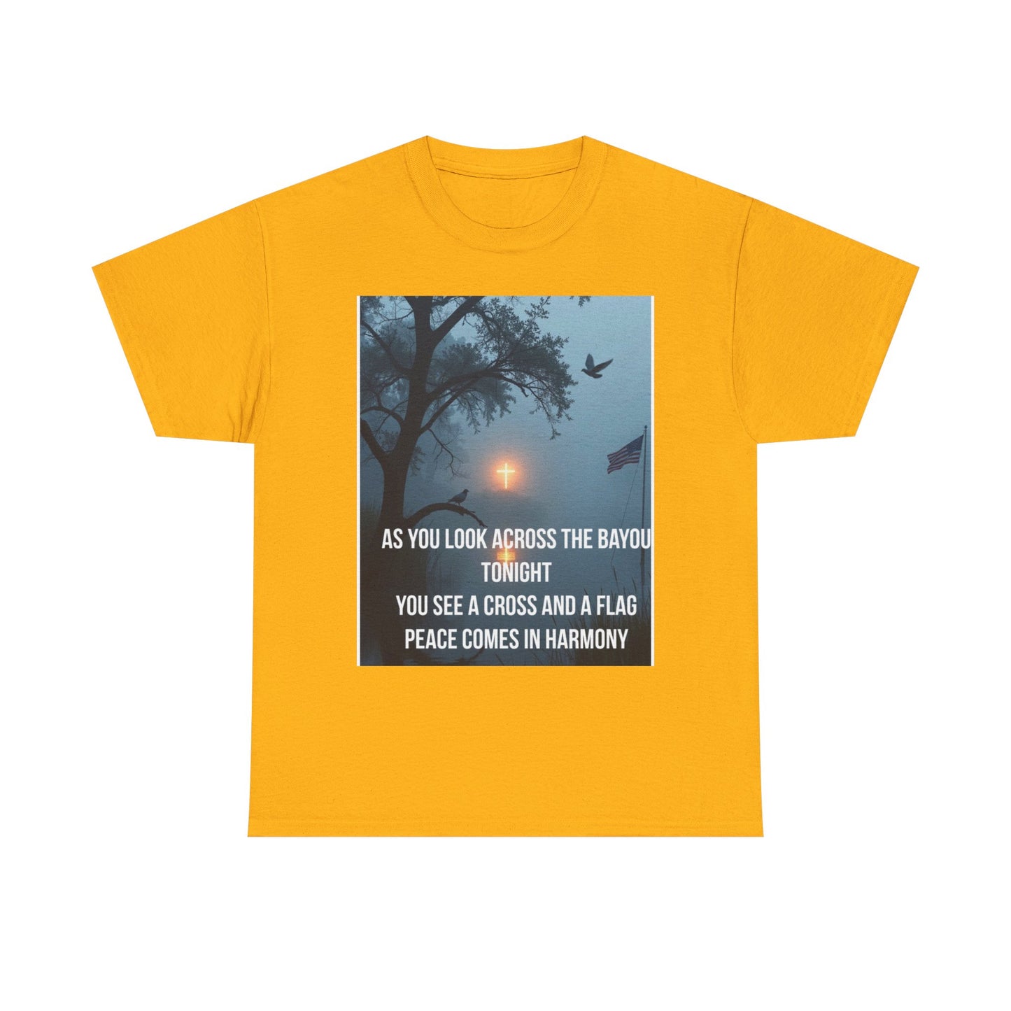 T-Shirt — Bayou Sunset Cross & Flag Graphic Tee ("As You Look Across the Bayou Tonight")