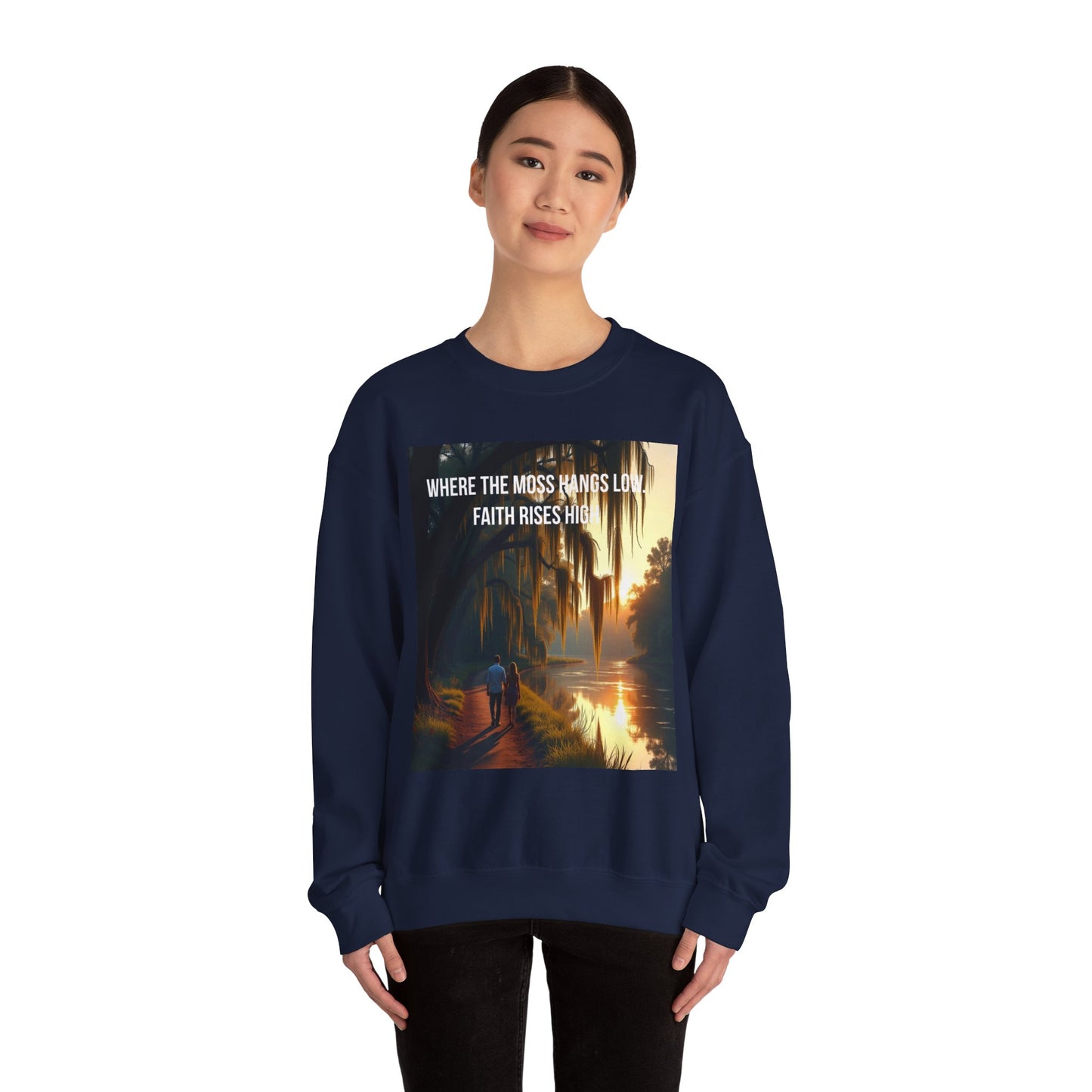 Inspirational Southern Bayou Sweatshirt — "Where the Moss Hangs Low, Faith Rises High"