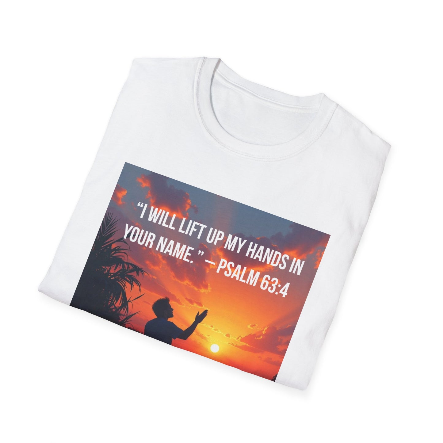 Psalm 63:4 Sunset Prayer T-Shirt — "I Will Lift Up My Hands in Your Name" Christian Tee