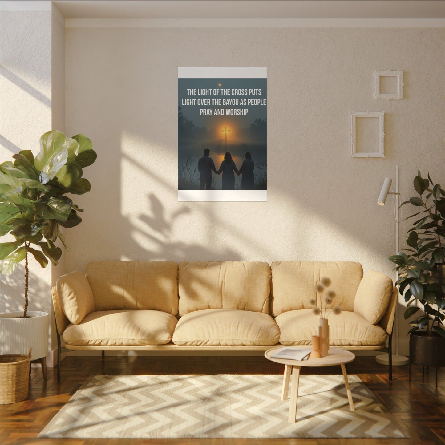 Faith Wall Art Canvas — “The Light of the Cross Puts Light Over the Bayou as People Pray and Worship”