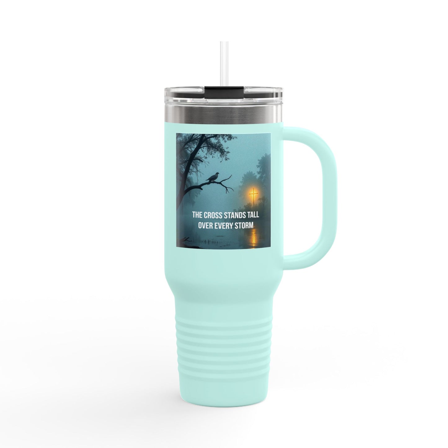 40oz Insulated Travel Mug — "The Cross Stands Tall Over Every Storm" Scenic Faith Design