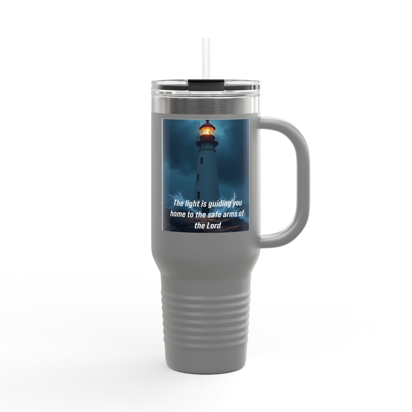 40oz Insulated Travel Mug – Lighthouse 'The light is guiding you home to the safe arms of the Lord'