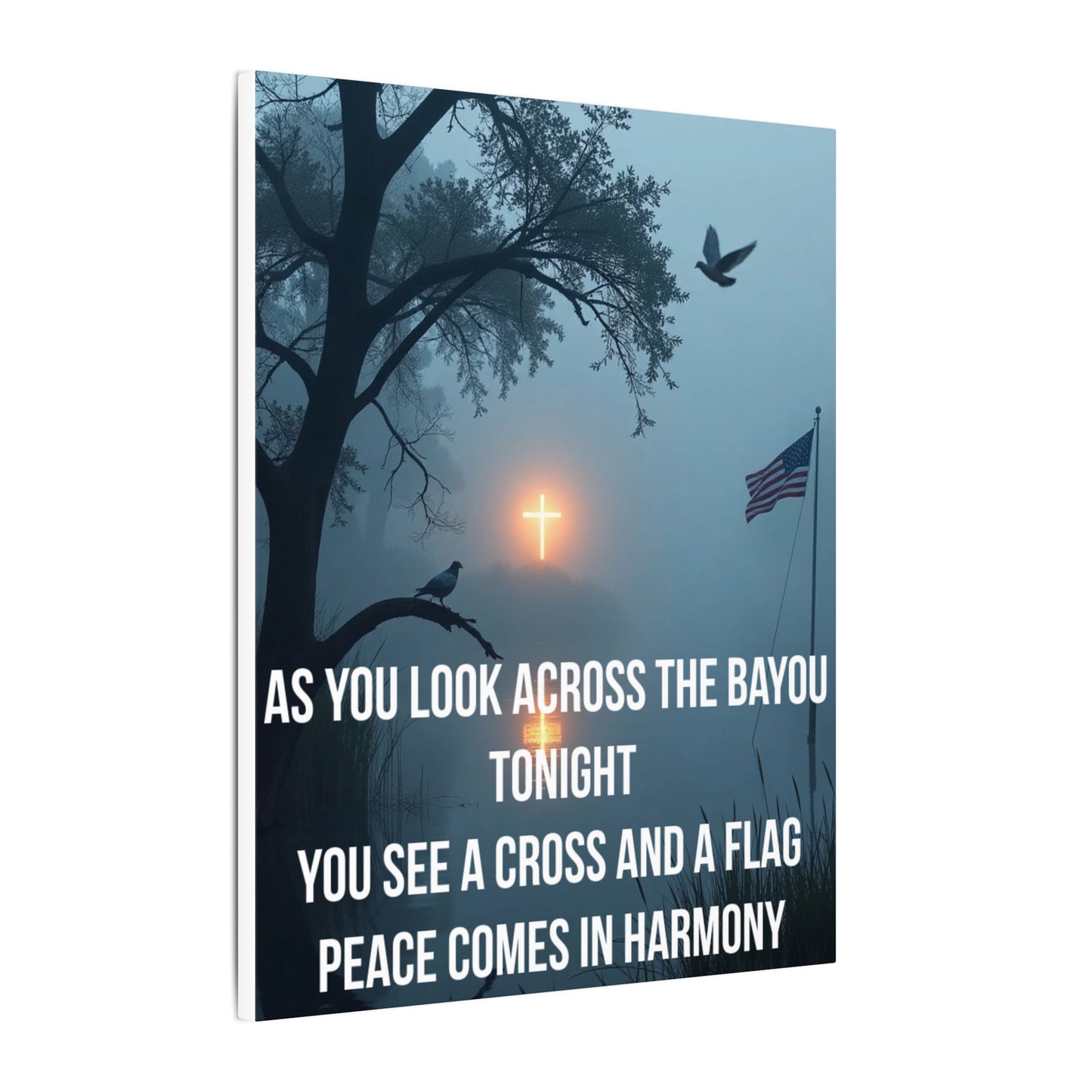Bayou Cross & Flag Matte Canvas Wall Art – Inspirational Patriotic Christian Quote