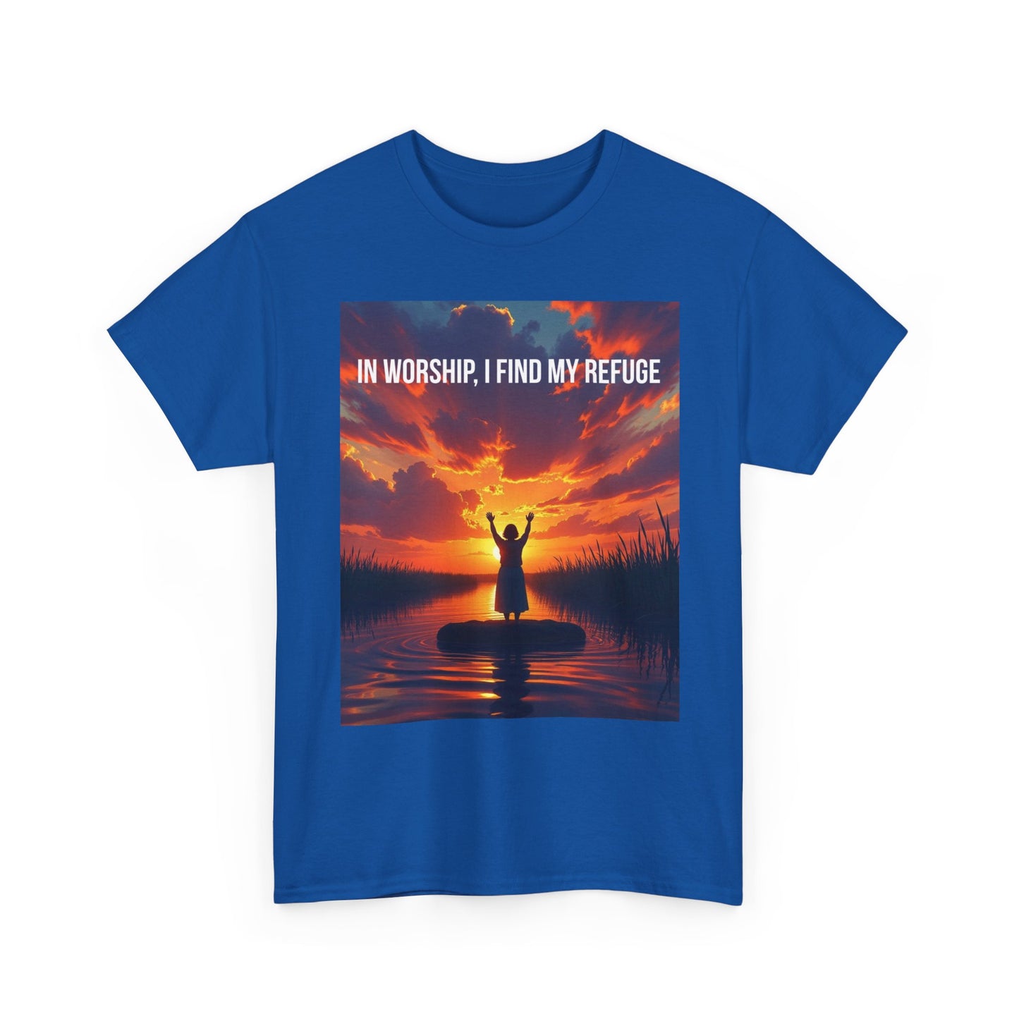 Worship Refuge T-Shirt — "In Worship, I Find My Refuge" Sunset Silhouette Christian Tee