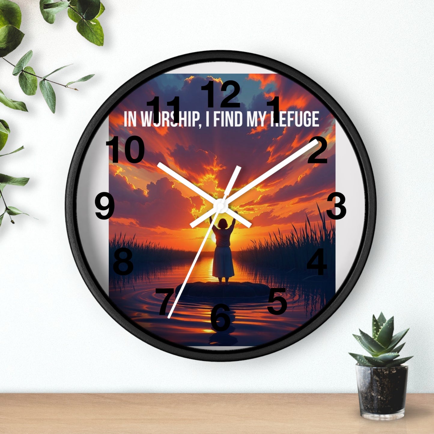 Wall Clock — "In Worship, I Find My Refuge" Sunset Silhouette Christian Clock