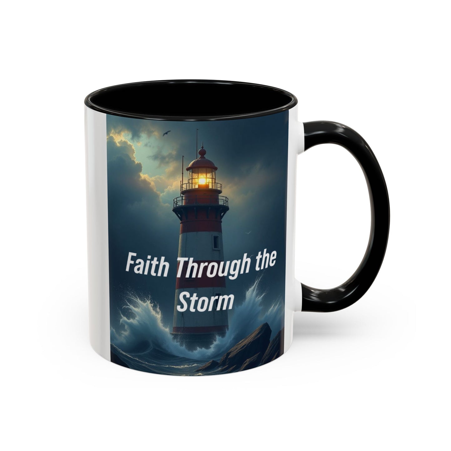 Faith Through the Storm Lighthouse Coffee Mug - Inspirational Ceramic Accent Mug