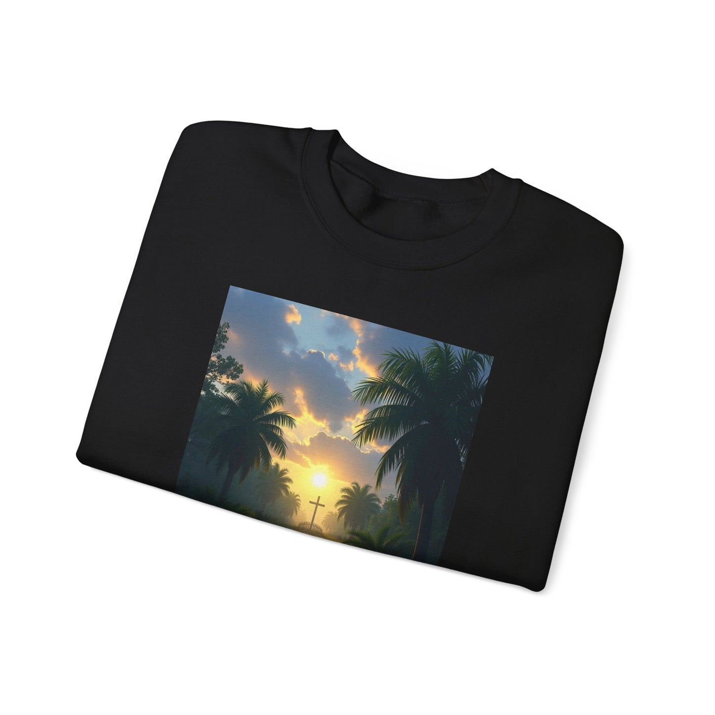 Sunset Palm Cross Sweatshirt — 'In the stillness of the night, The Bayou you whisper Grace'