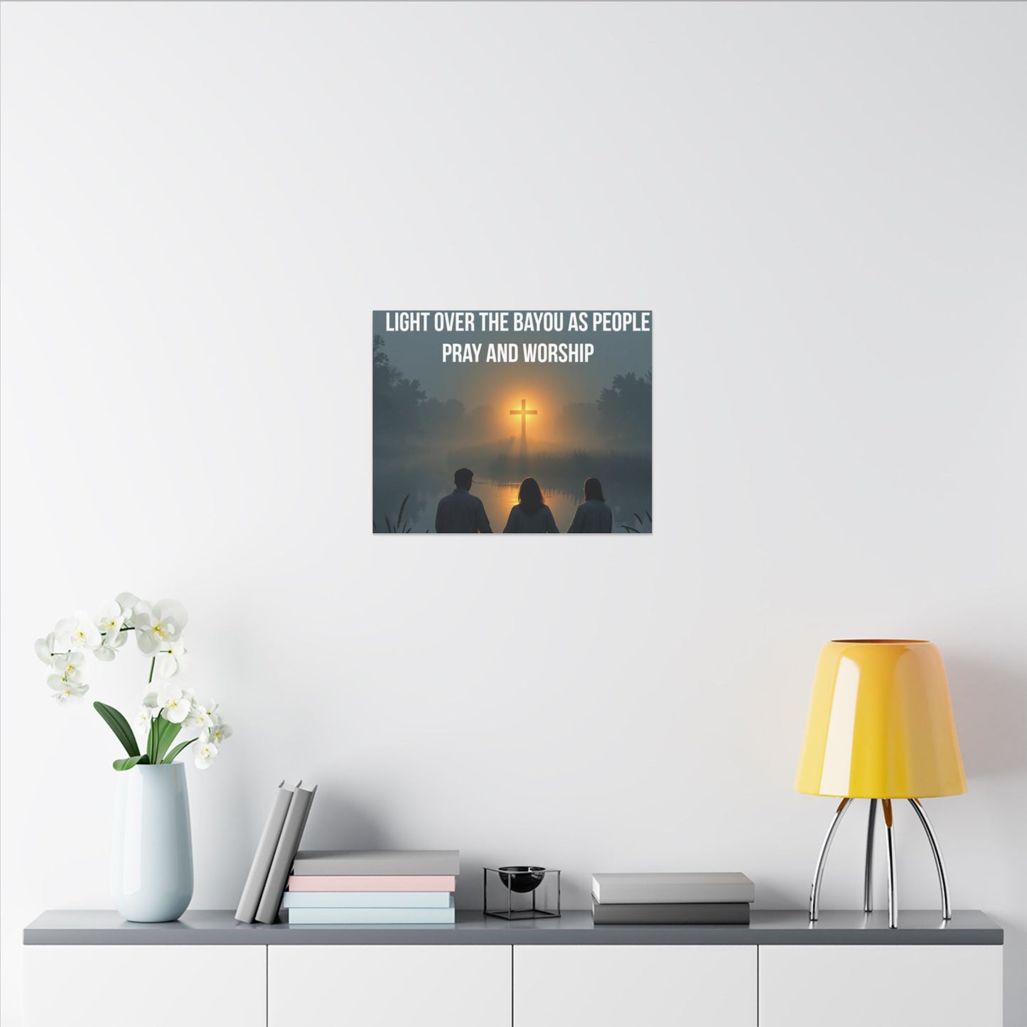 Faith Wall Art Canvas — “The Light of the Cross Puts Light Over the Bayou as People Pray and Worship”