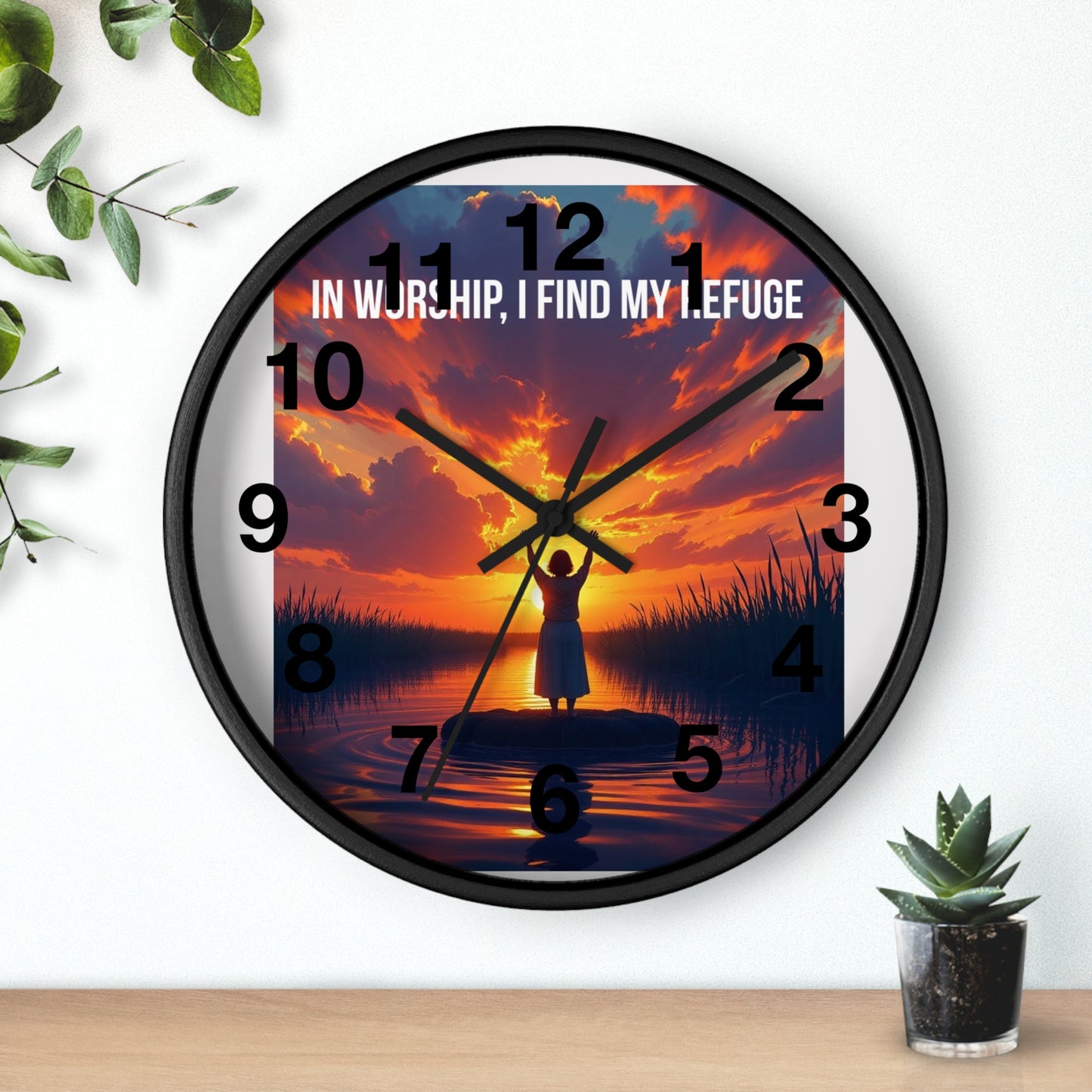 Wall Clock — "In Worship, I Find My Refuge" Sunset Silhouette Christian Clock