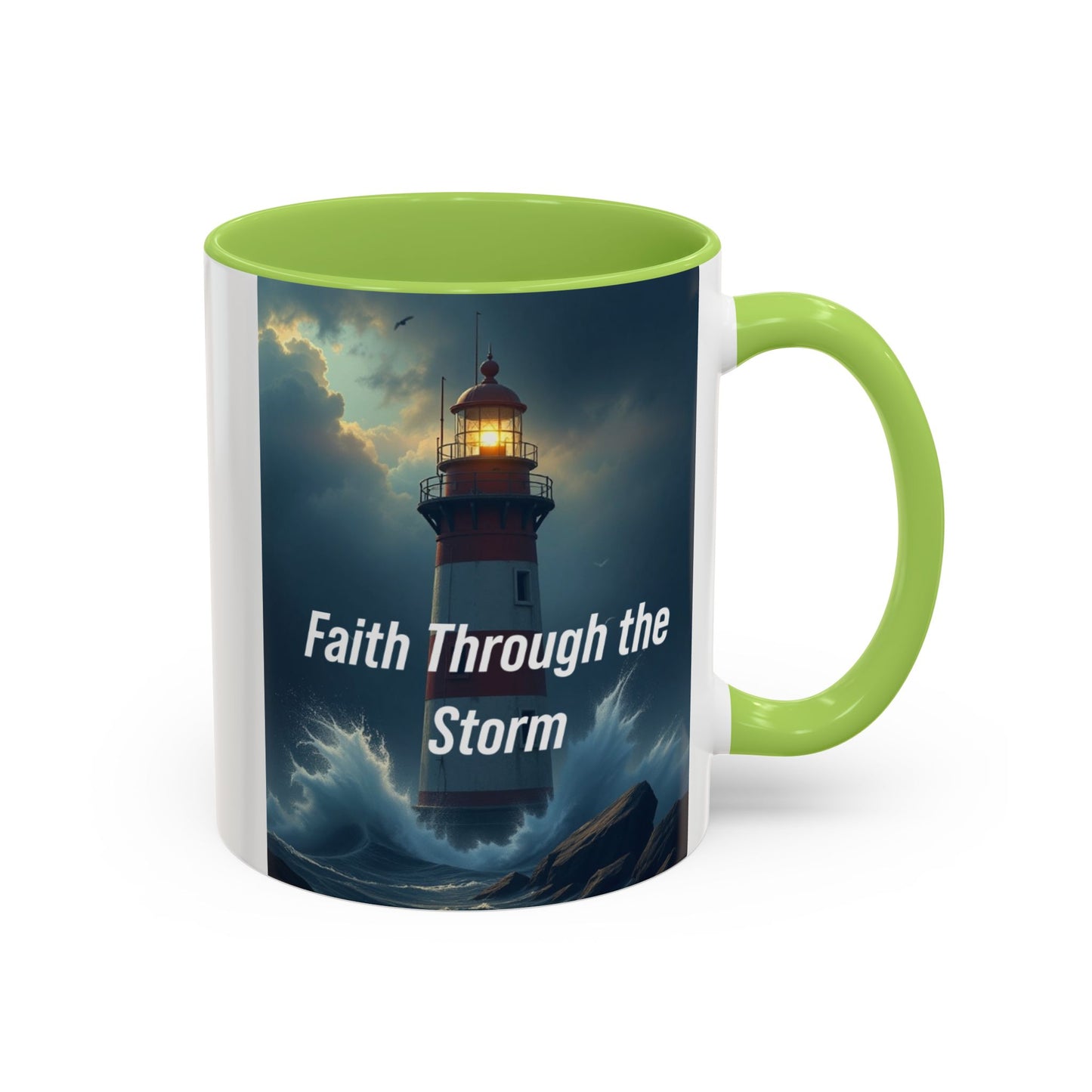 Faith Through the Storm Lighthouse Coffee Mug - Inspirational Ceramic Accent Mug