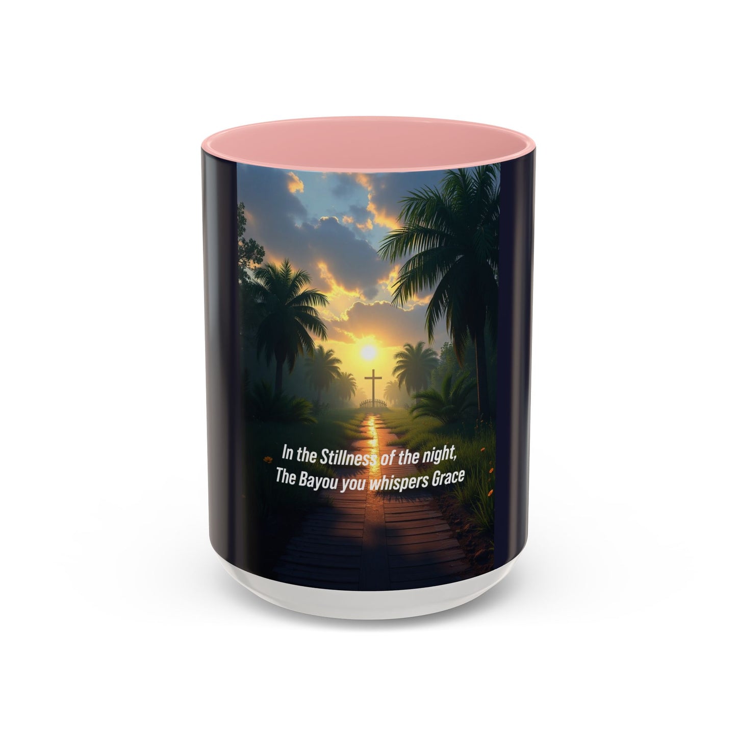 Accent Coffee Mug — Tranquil Bayou Sunset Mug with Cross & Inspirational Quote