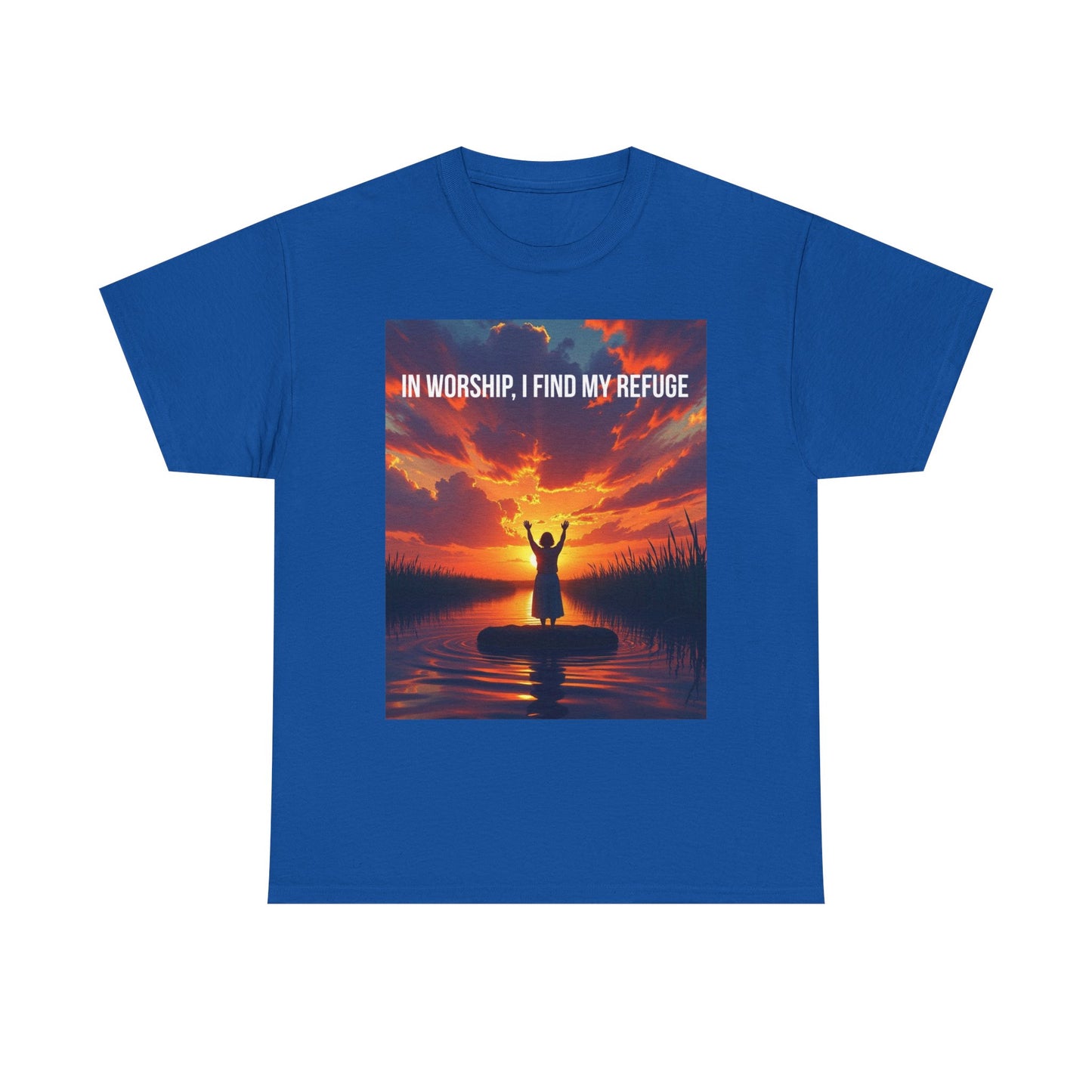 Worship Refuge T-Shirt — "In Worship, I Find My Refuge" Sunset Silhouette Christian Tee