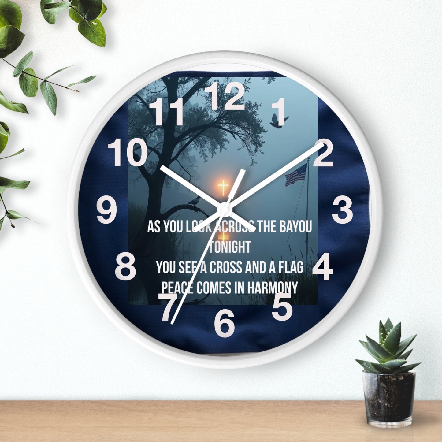 Bayou Cross & Flag Wall Clock — Patriotic Peaceful Scene with Lyrics