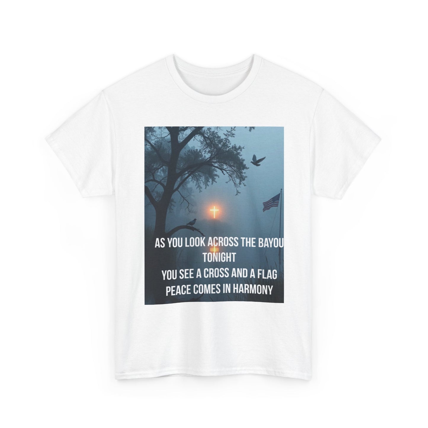 T-Shirt — Bayou Sunset Cross & Flag Graphic Tee ("As You Look Across the Bayou Tonight")