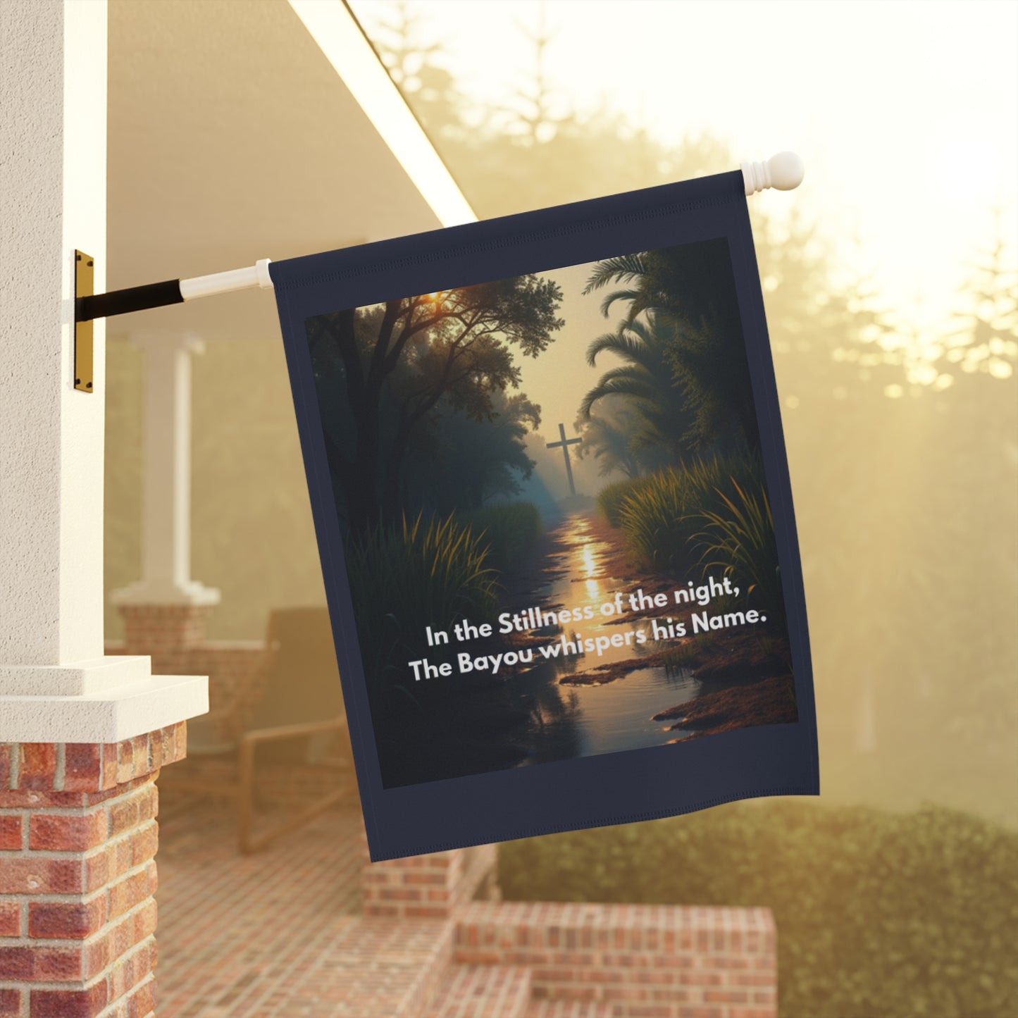 Garden Flag — Bayou Cross Evening Scene with Verse: “In the Stillness of the night, The Bayou whispers his Name.”