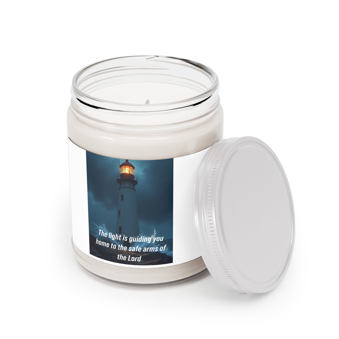Inspirational Lighthouse Soy Candle - "The light is guiding you home to the safe arms of the Lord" (9oz)
