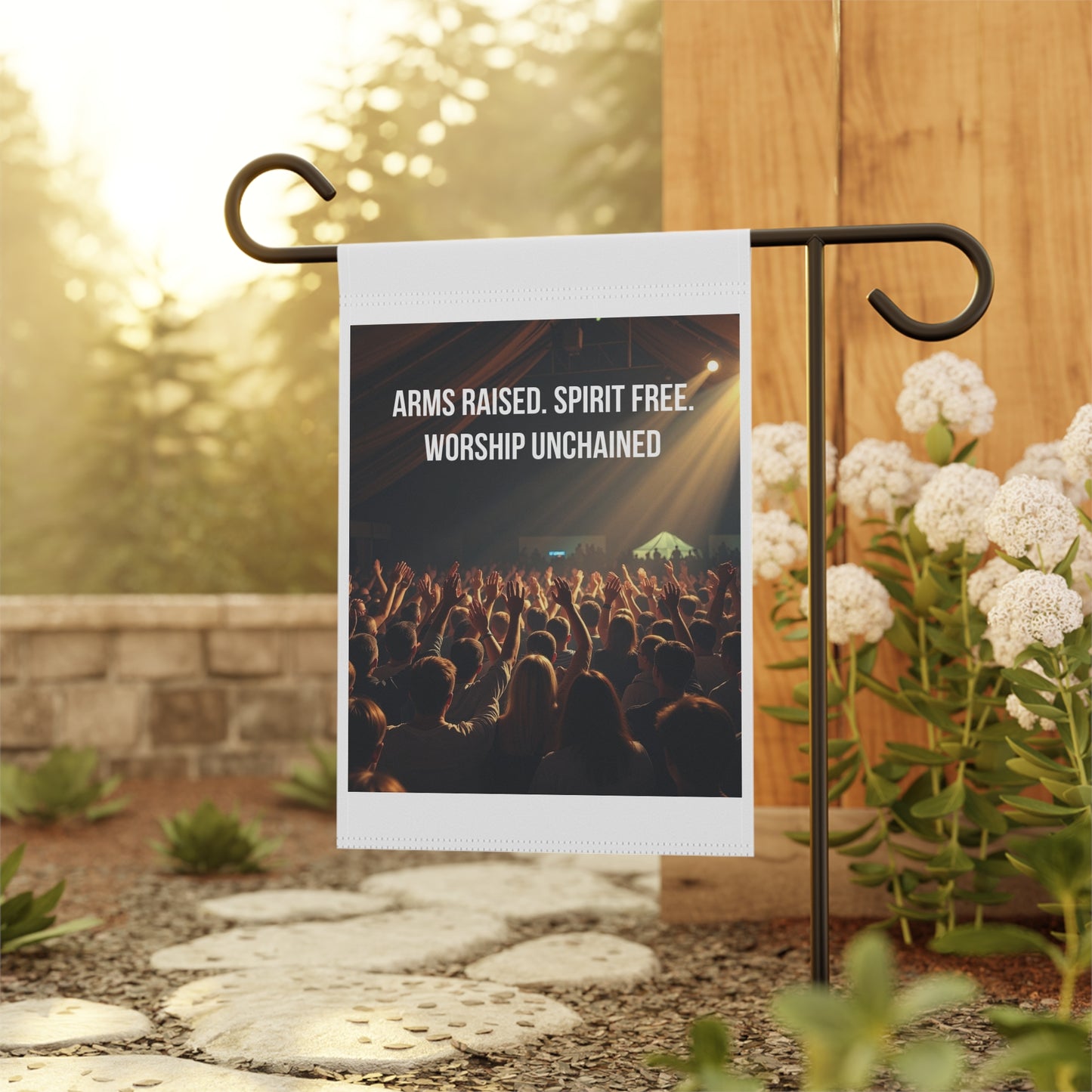 Garden Flag — "Arms Raised. Spirit Free. Worship Unchained" Concert Crowd Religious Banner