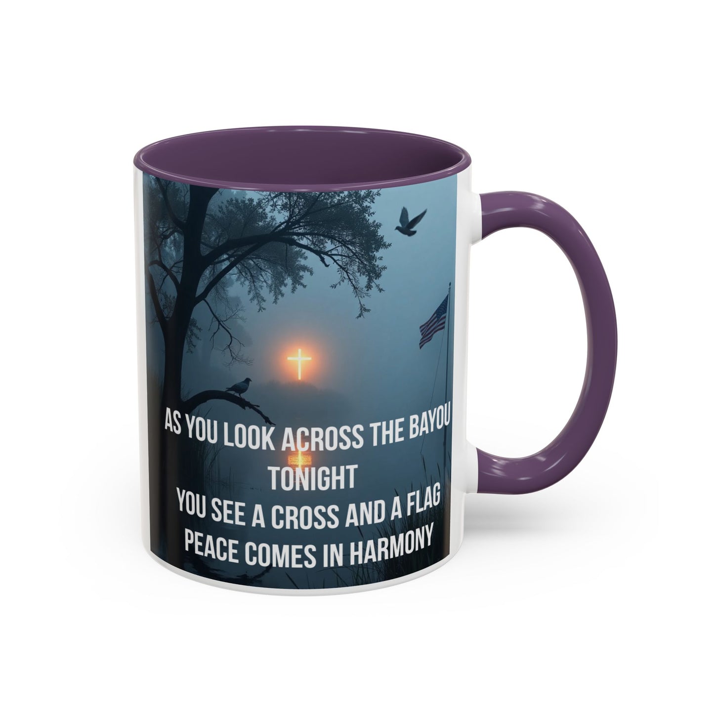 Bayou Cross & Flag Coffee Mug — Inspirational Southern Scene with Peaceful Verse (11/15 oz)