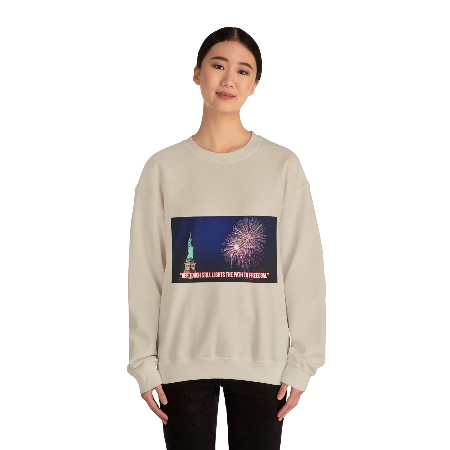 Liberty Night Crewneck Sweatshirt — Statue of Liberty Fireworks "Her Torch Still Lights the Path to Freedom"