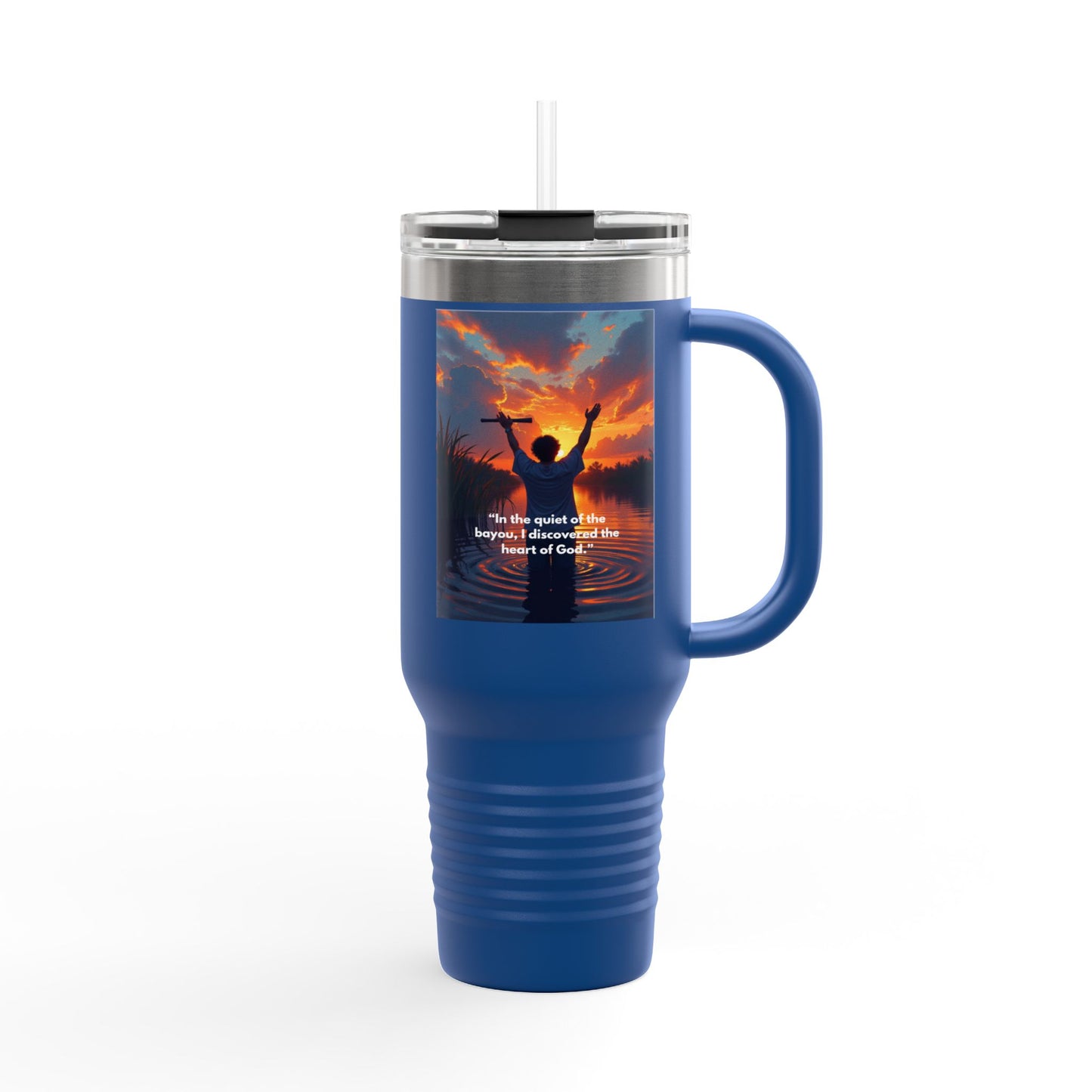 40oz Insulated Travel Mug — Christian Sunrise Design with Scripture Quote