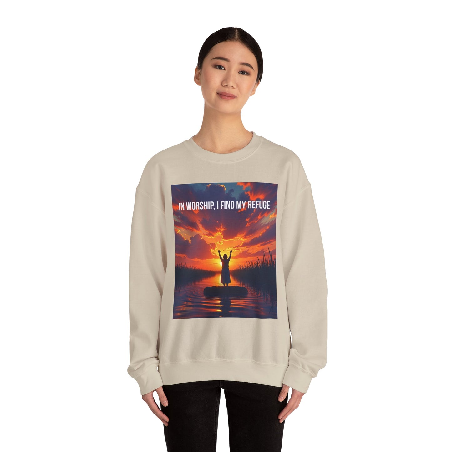 Worship Refuge Crewneck Sweatshirt — "In Worship, I Find My Refuge" Inspirational Faith Sweatshirt