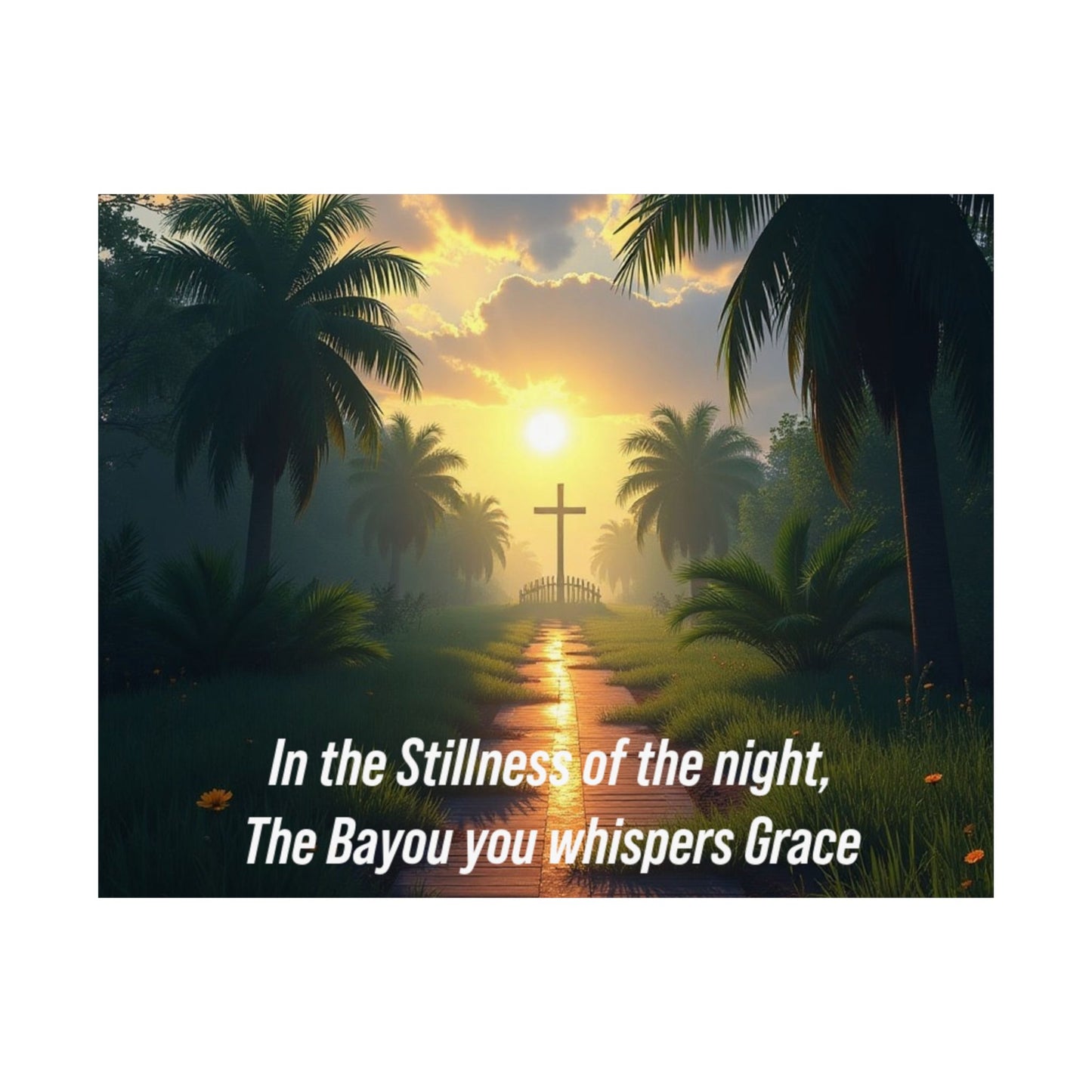 Christian Bayou Sunset Satin Poster — "In the Stillness of the Night, The Bayou You Whispers Grace"