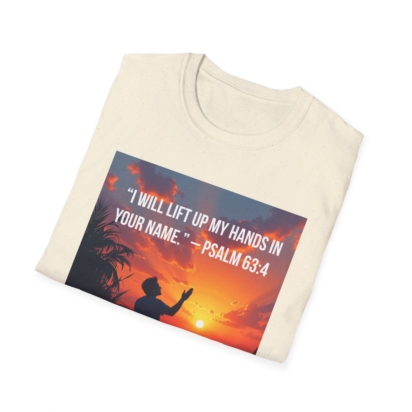 Psalm 63:4 Sunset Prayer T-Shirt — "I Will Lift Up My Hands in Your Name" Christian Tee