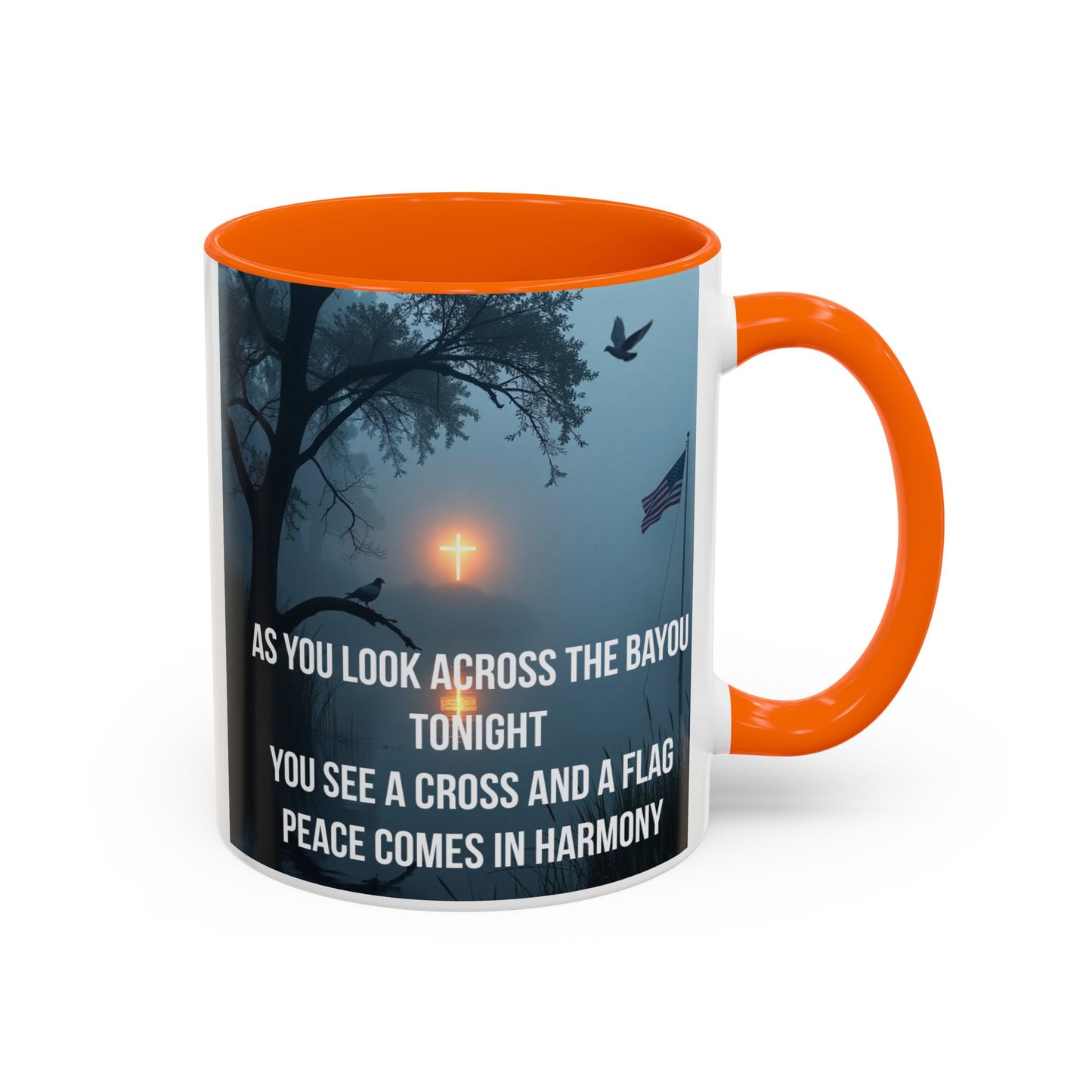Bayou Cross & Flag Coffee Mug — Inspirational Southern Scene with Peaceful Verse (11/15 oz)