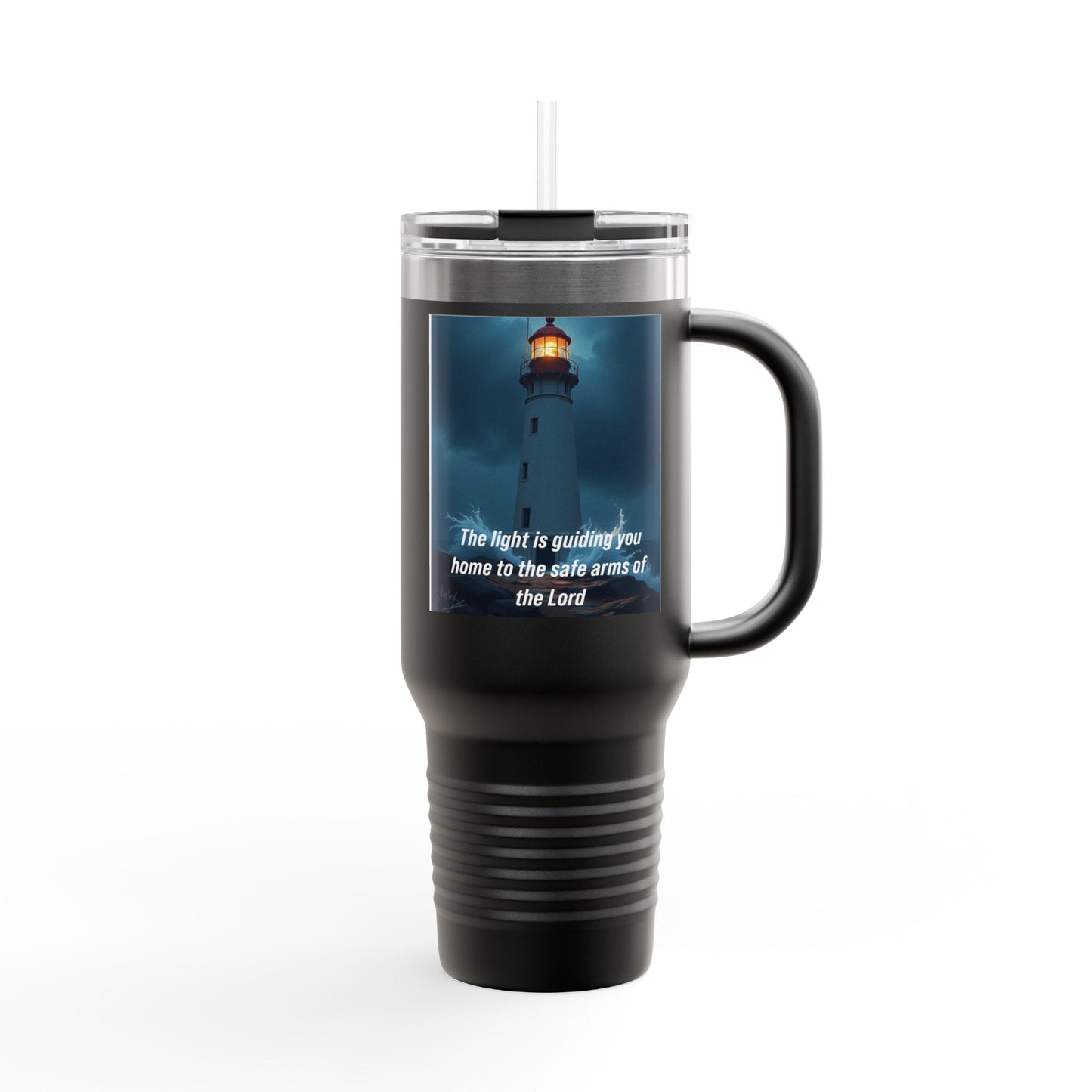 40oz Insulated Travel Mug – Lighthouse 'The light is guiding you home to the safe arms of the Lord'