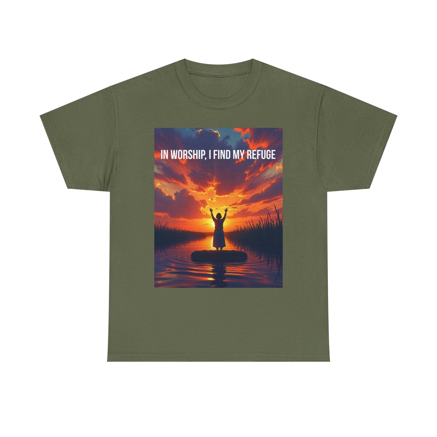 Worship Refuge T-Shirt — "In Worship, I Find My Refuge" Sunset Silhouette Christian Tee
