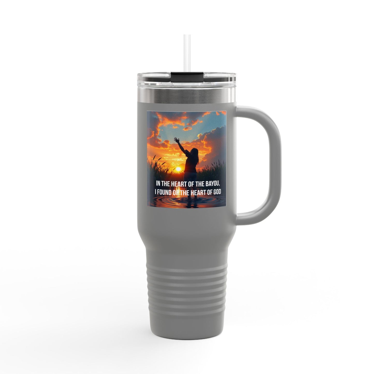 40oz Insulated Travel Mug — "In the Heart of the Bayou I Found Home (Sunset Silhouette)"