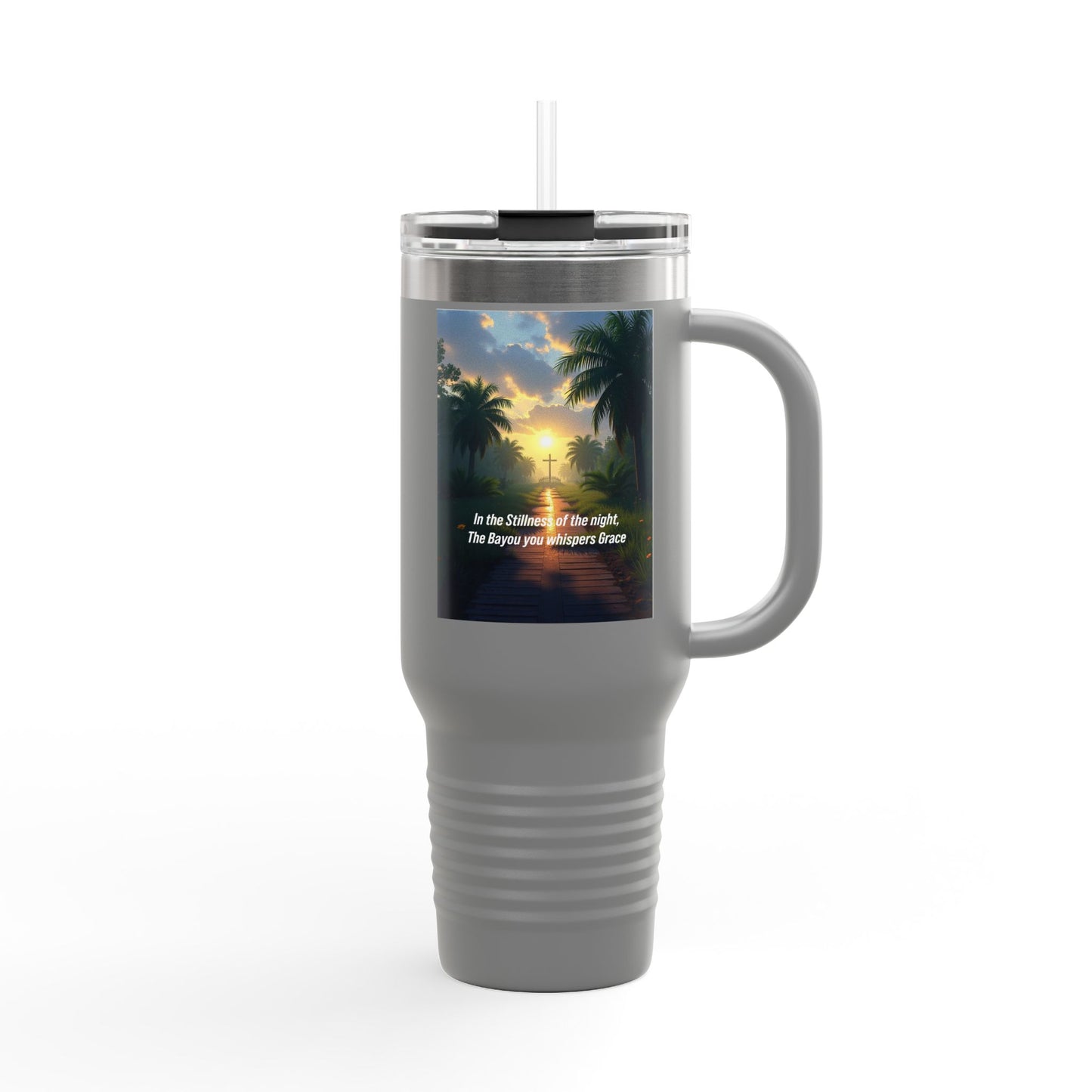 40oz Insulated Travel Mug — Tropical Sunset Design with Inspirational Quote