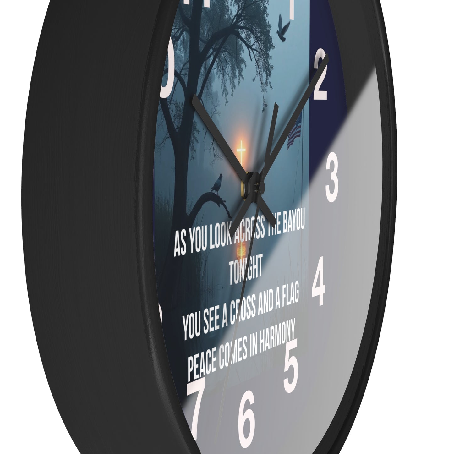 Bayou Cross & Flag Wall Clock — Patriotic Peaceful Sunset Decor