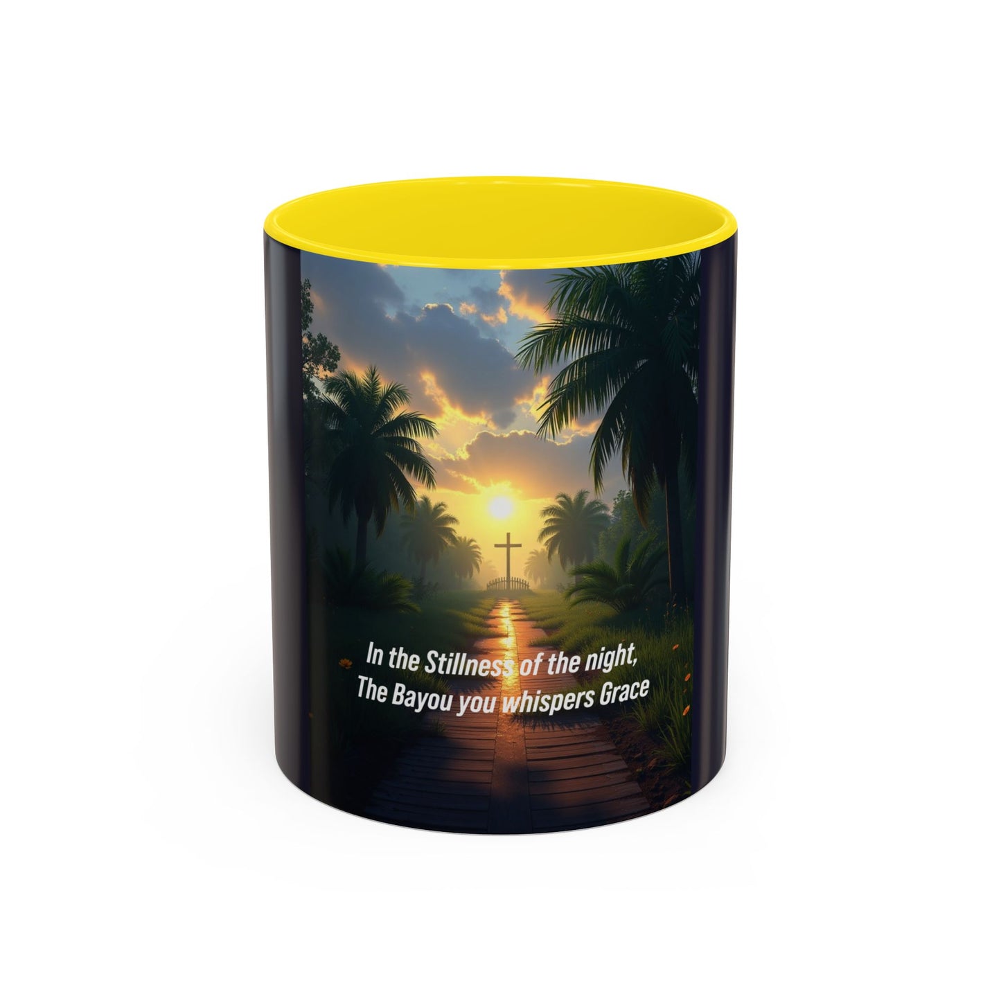 Accent Coffee Mug — Tranquil Bayou Sunset Mug with Cross & Inspirational Quote
