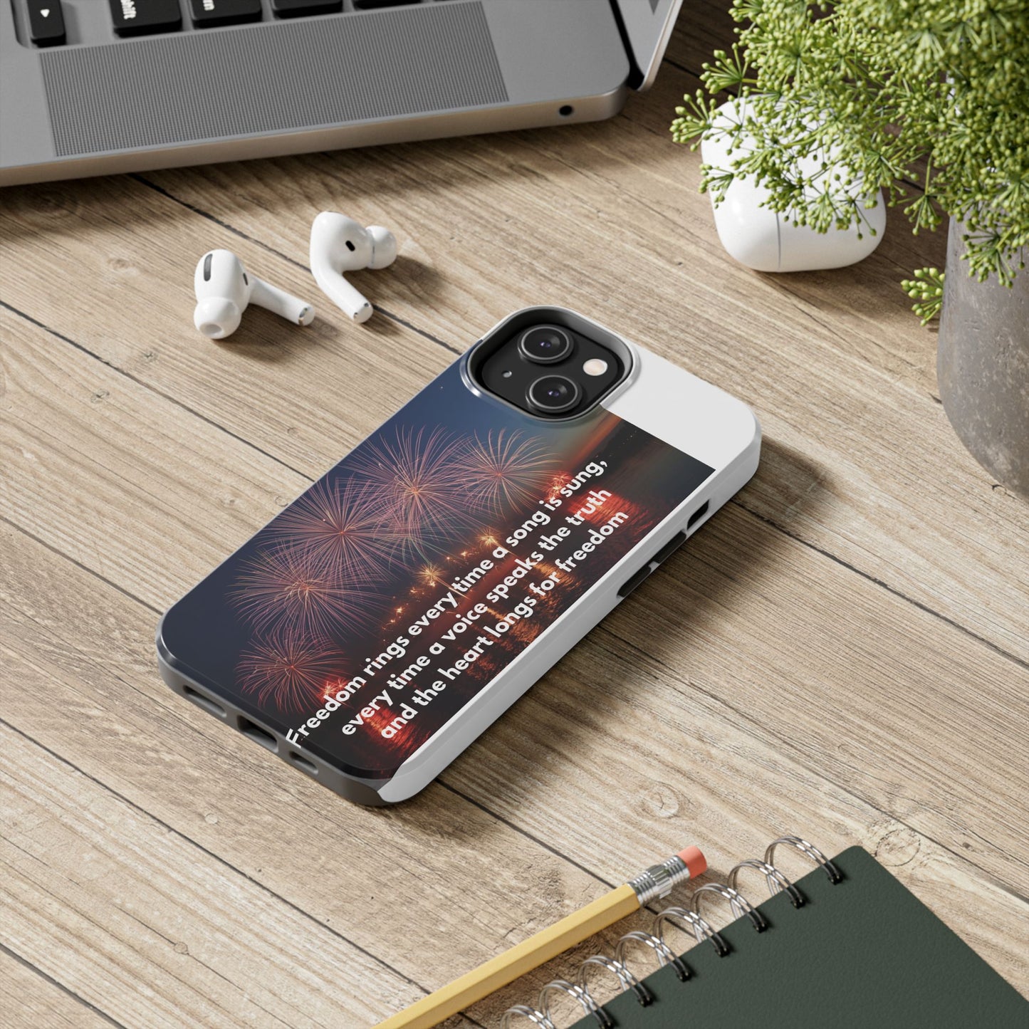 Patriotic Fireworks Tough Phone Case — "Freedom" Quote Protective Cover