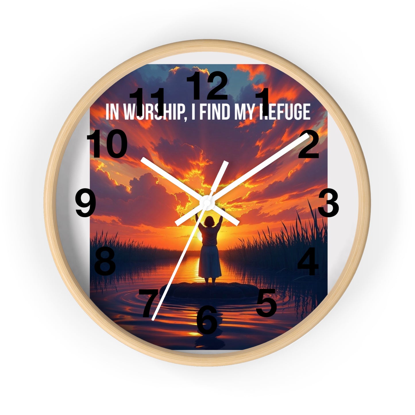 Wall Clock — "In Worship, I Find My Refuge" Sunset Silhouette Christian Clock