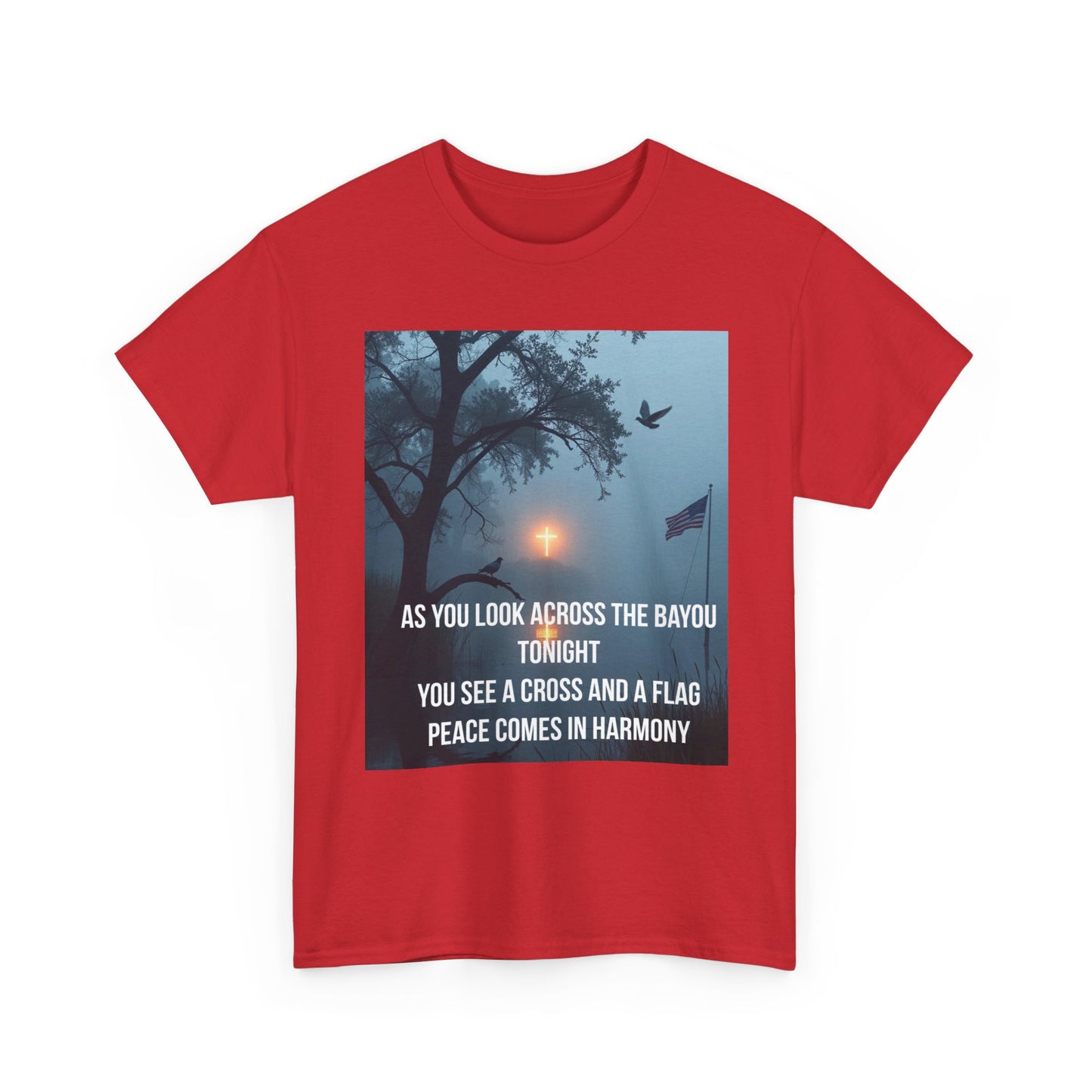 T‑Shirt — Bayou Cross & Flag Scene with Lyrics: “As You Look Across the Bayou Tonight”