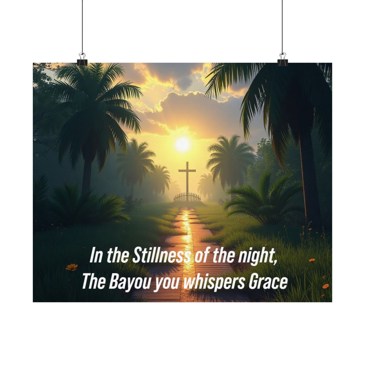 Christian Bayou Sunset Satin Poster — "In the Stillness of the Night, The Bayou You Whispers Grace"