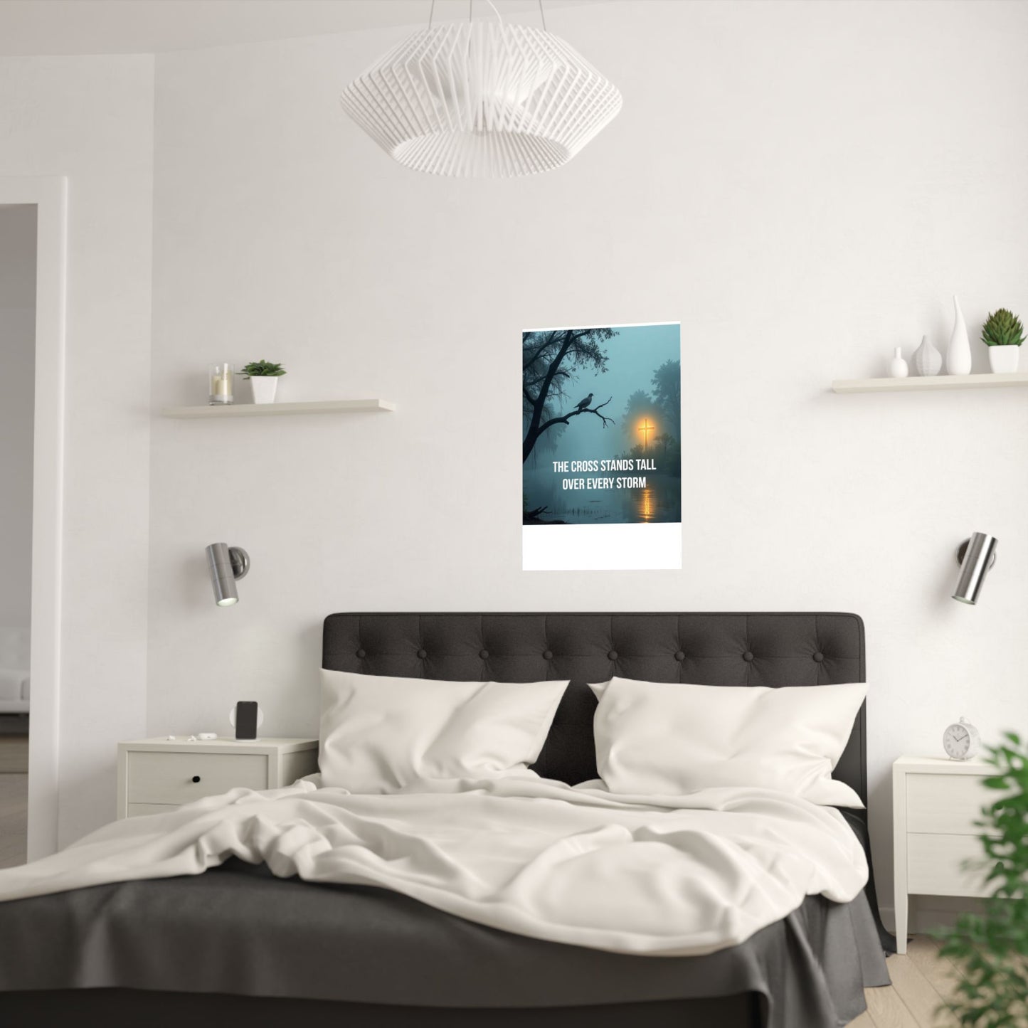 Satin Poster — "The Cross Stands Tall Over Every Storm" Inspirational Christian Wall Art