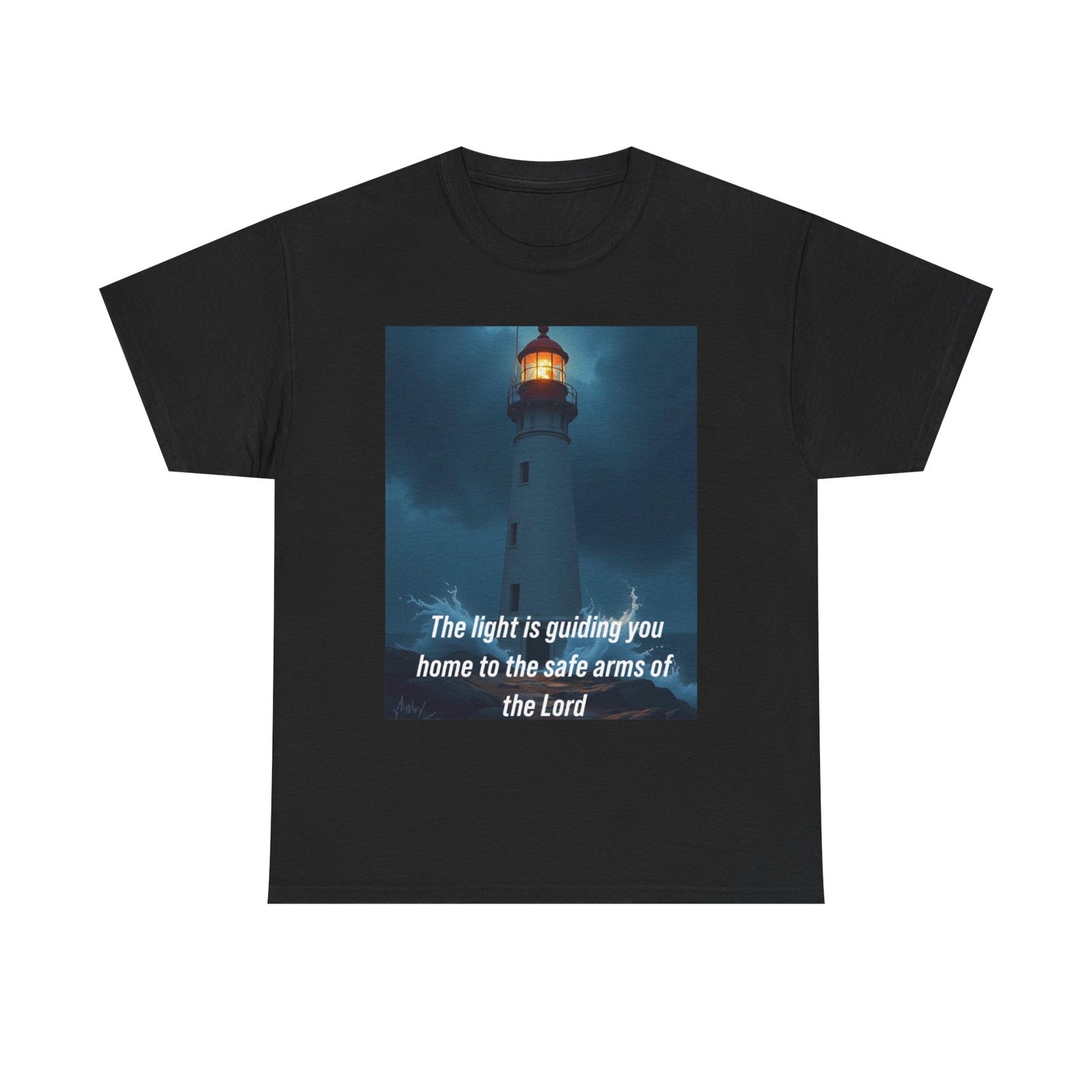 Christian Lighthouse T-Shirt — "The light is guiding you home to the safe arms of the Lord"