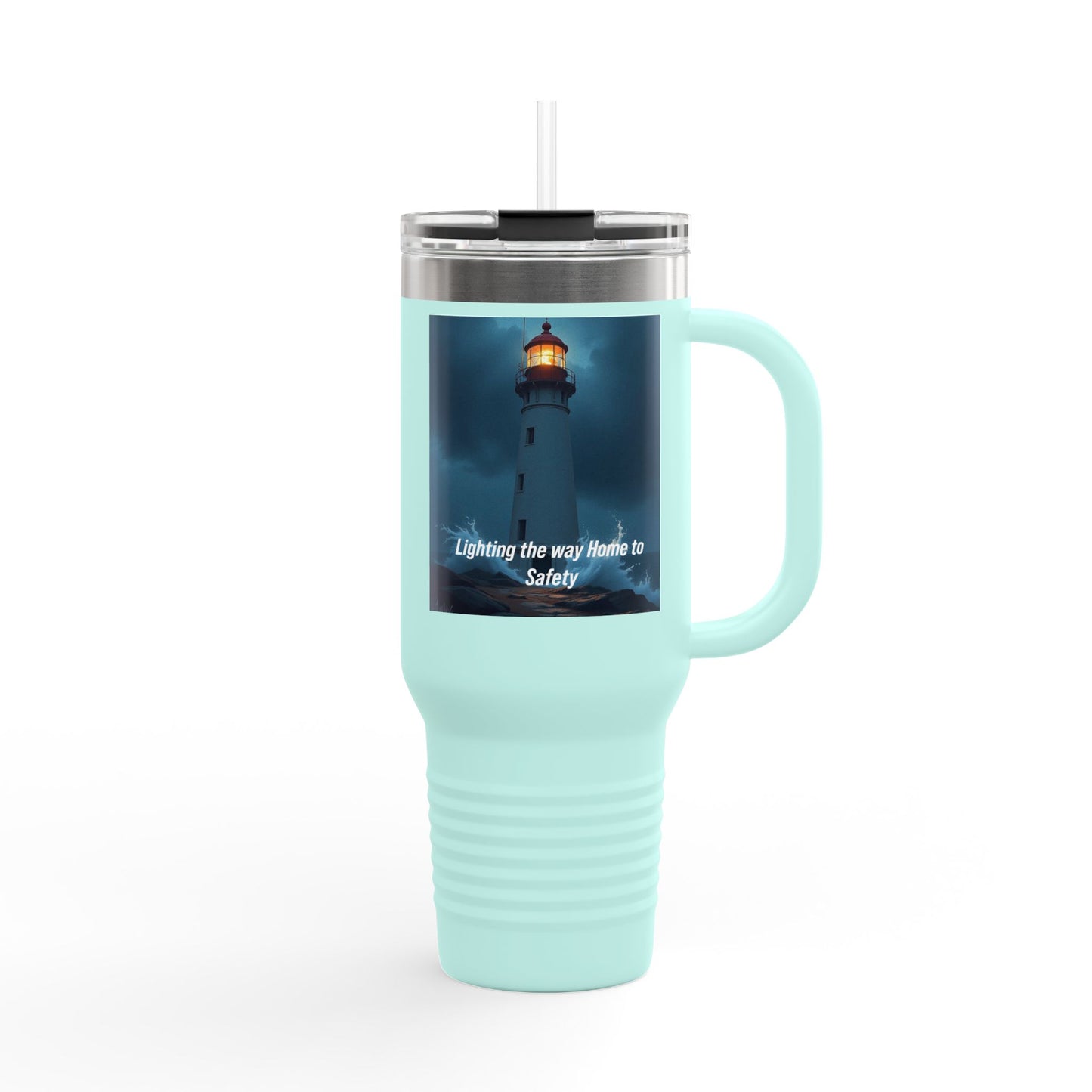 Lighthouse Travel Mug — 40oz Insulated Tumbler with "Lighting the way Home to Safety" Design