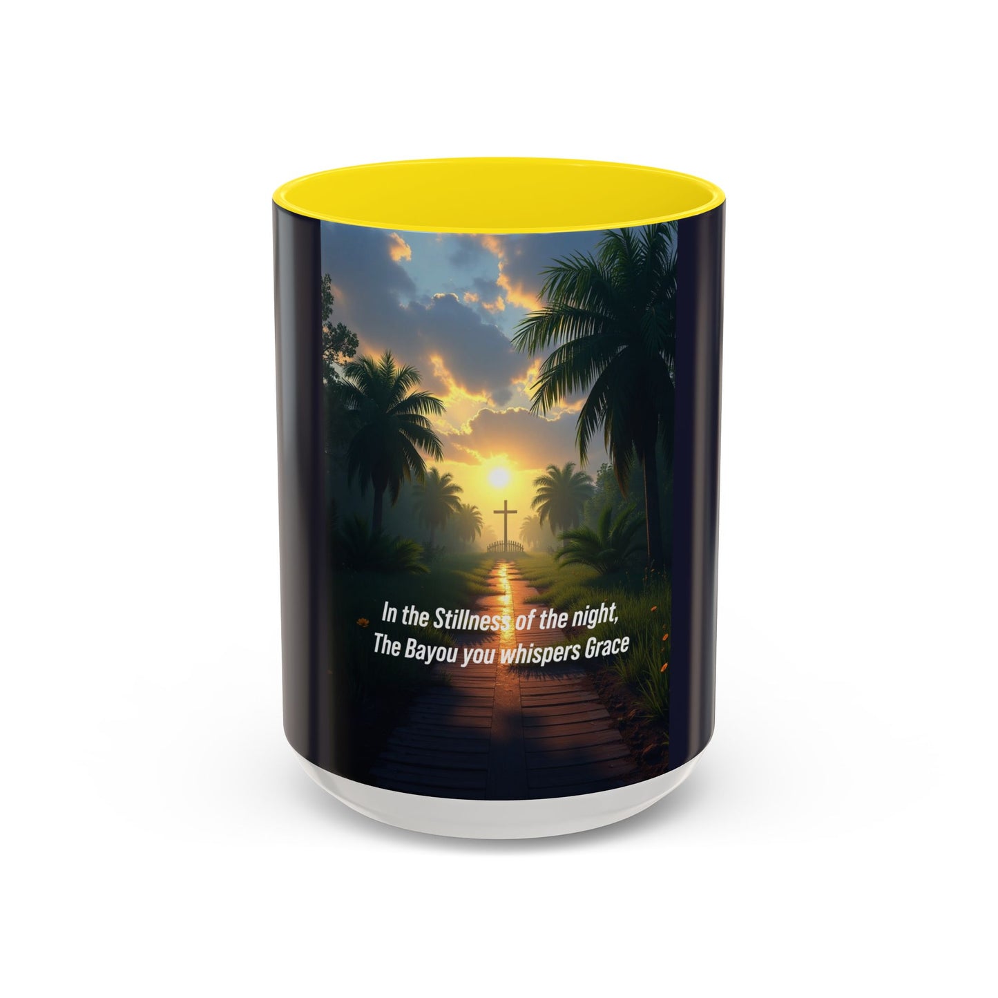 Accent Coffee Mug — Tranquil Bayou Sunset Mug with Cross & Inspirational Quote