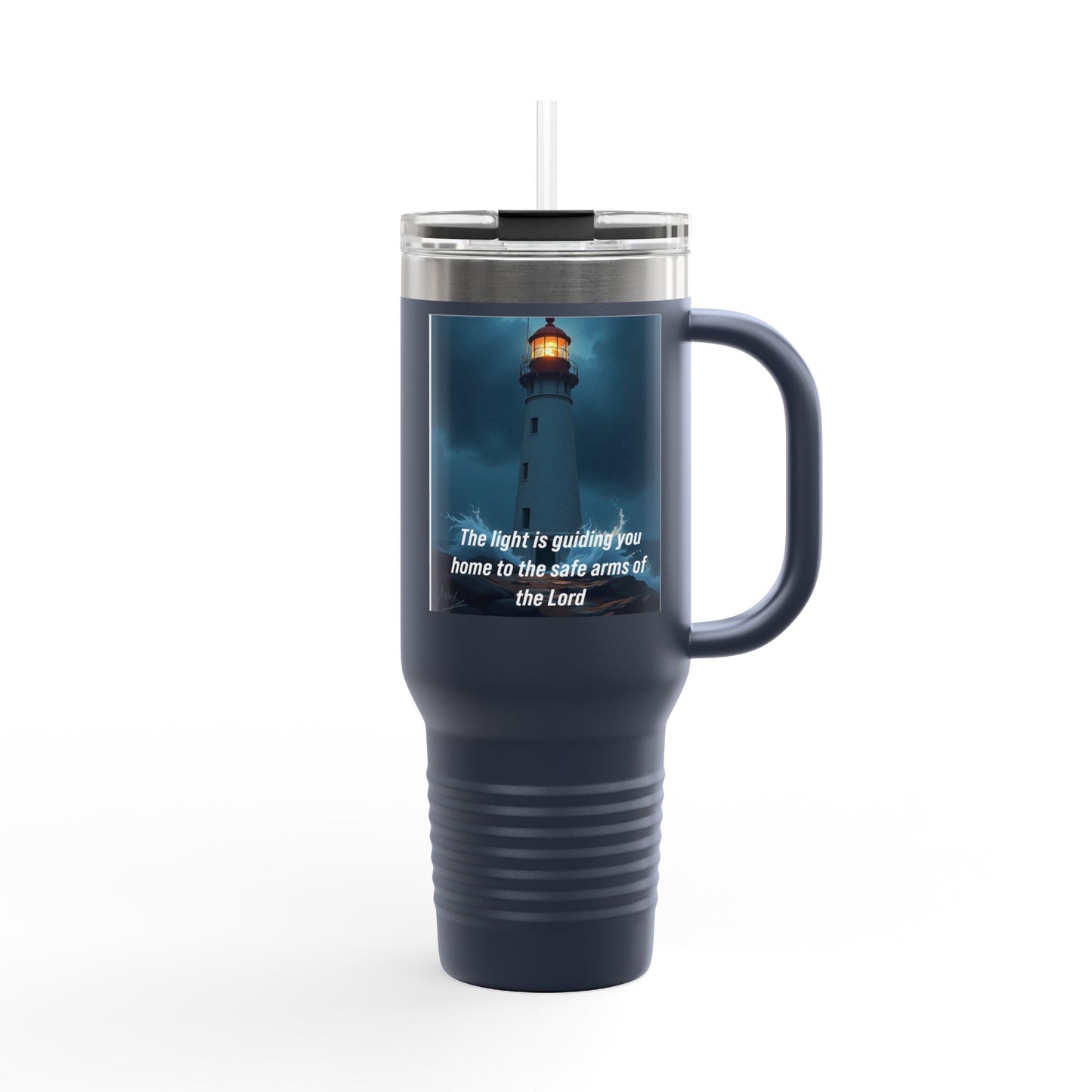 40oz Insulated Travel Mug – Lighthouse 'The light is guiding you home to the safe arms of the Lord'