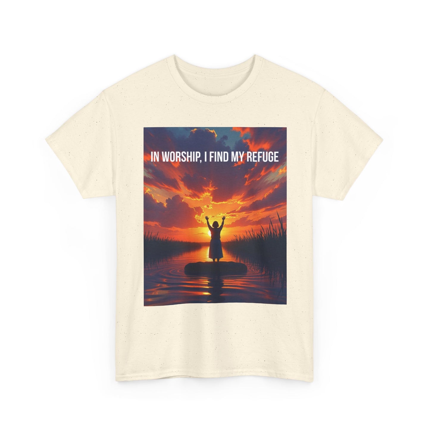 Worship Refuge T-Shirt — "In Worship, I Find My Refuge" Sunset Silhouette Christian Tee